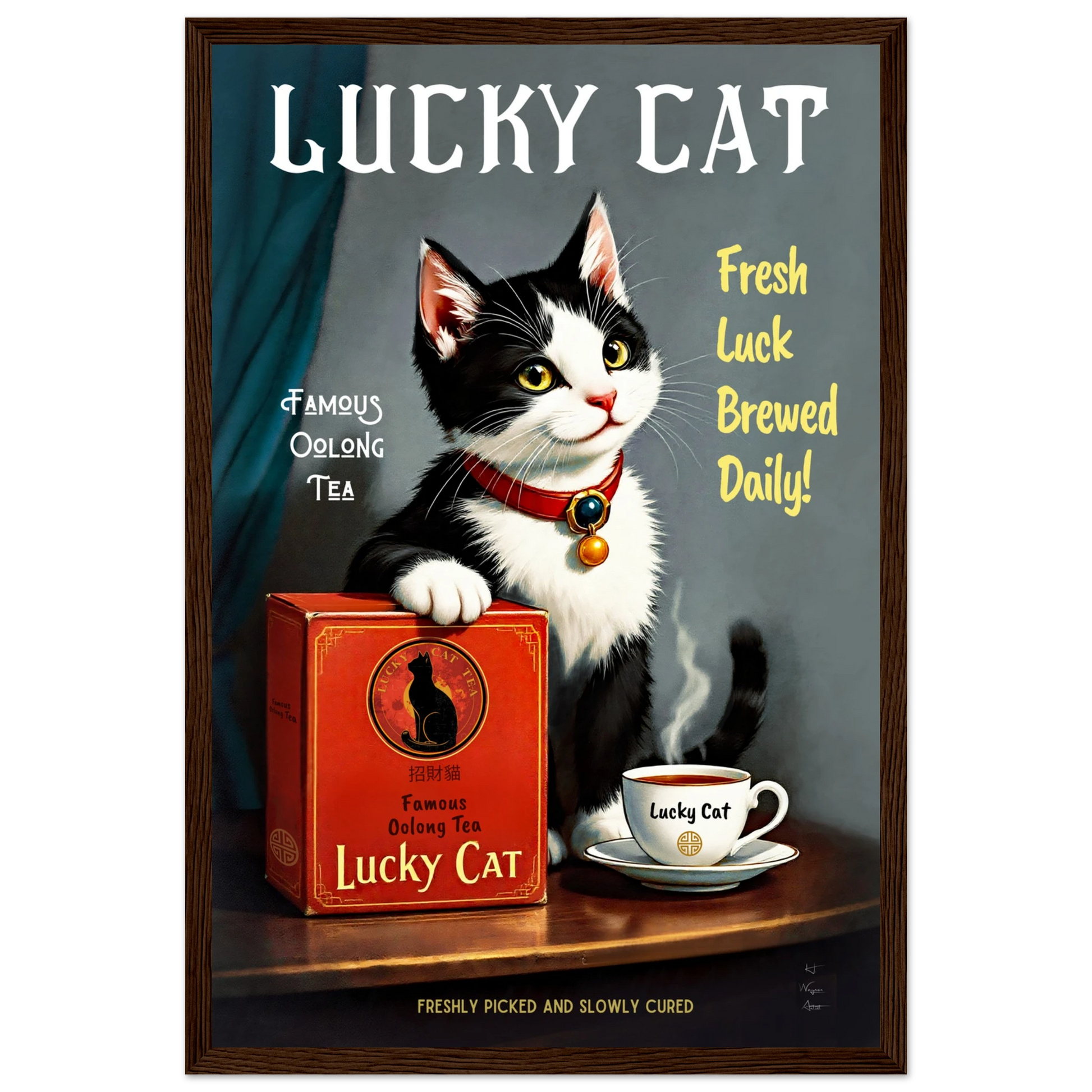 Lucky Tuxedo Cat Tea Kitchen Art Print 30x45 cm 12x18″ Classic Matte Framed Poster Dark Brown Wood Frame