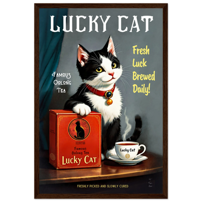 Lucky Tuxedo Cat Tea Kitchen Art Print 30x45 cm 12x18″ Classic Matte Framed Poster Dark Brown Wood Frame