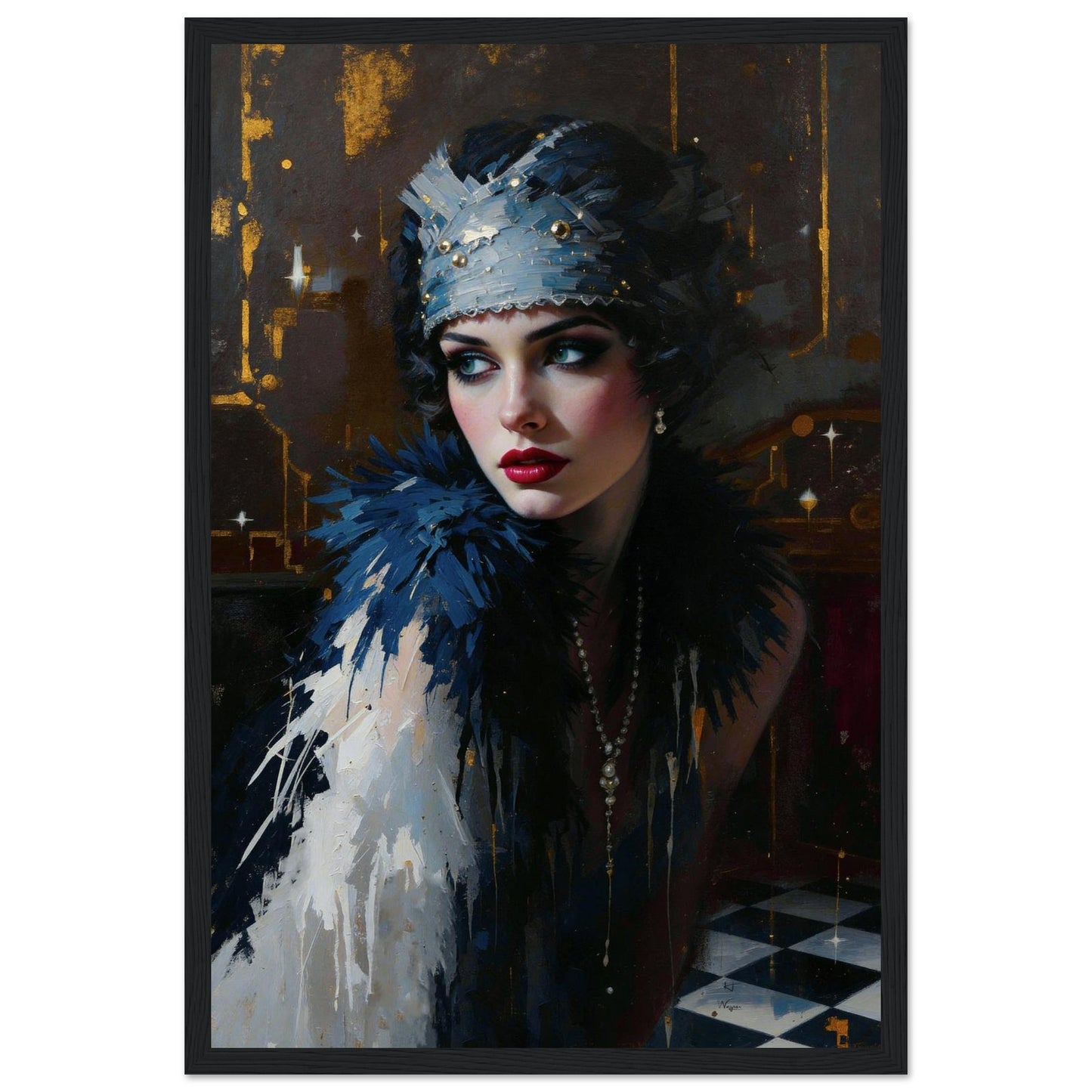 1920s Gatsby Flapper Painting Art Print - Speakeasy Prohibition Wall Decor 12x18″ Premium Matte Framed Poster - Black Wood