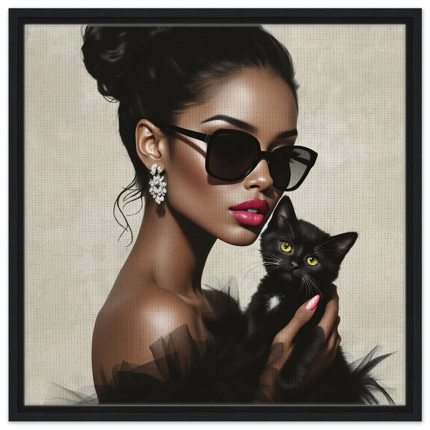 Retro Glam Fashion Model Kitten Art Print Framed Canvas 60x60 cm 24x24″