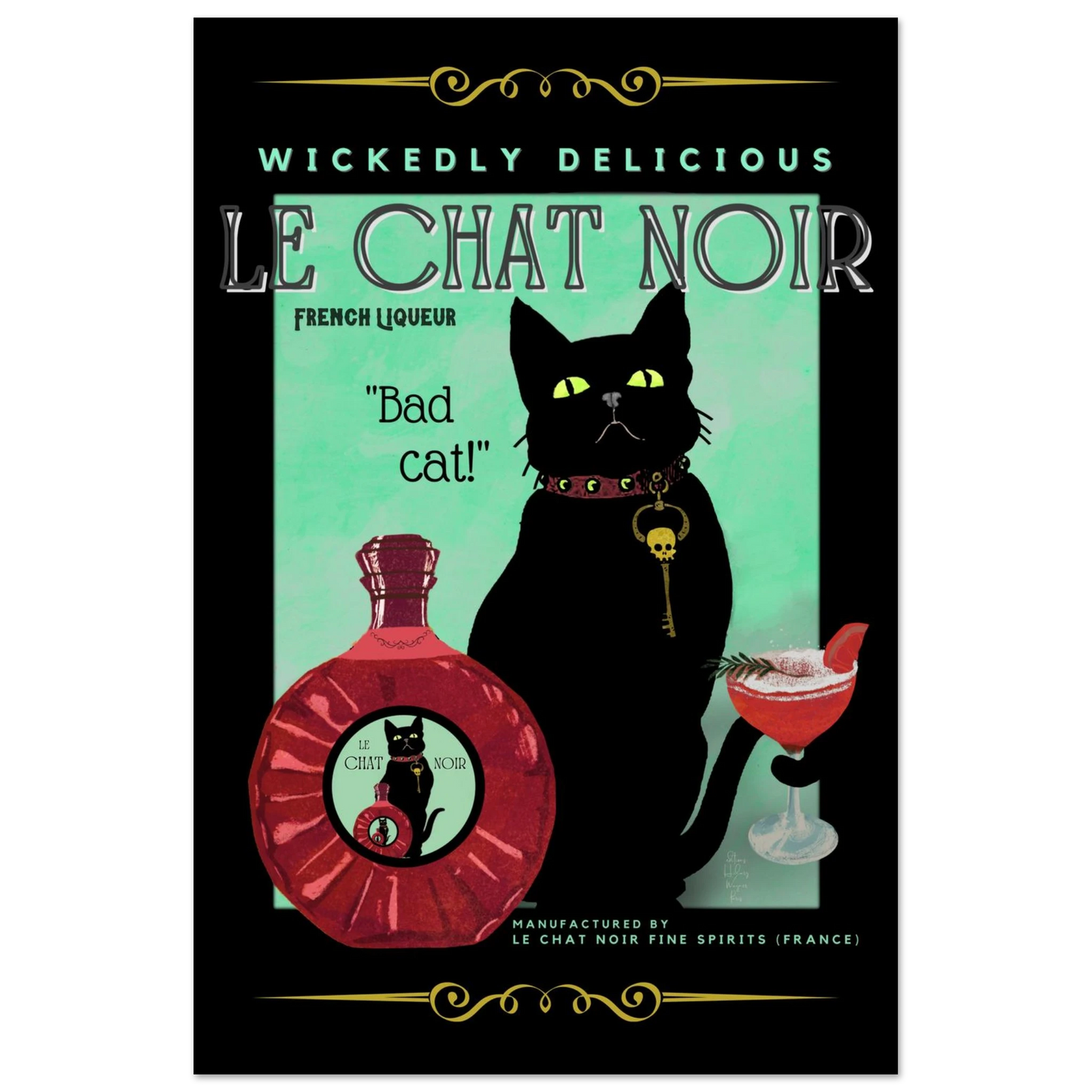 Black Cat Cocktail French Art Deco Print 60x90 cm 24x36″ Classic Matte Paper Poster No Frame