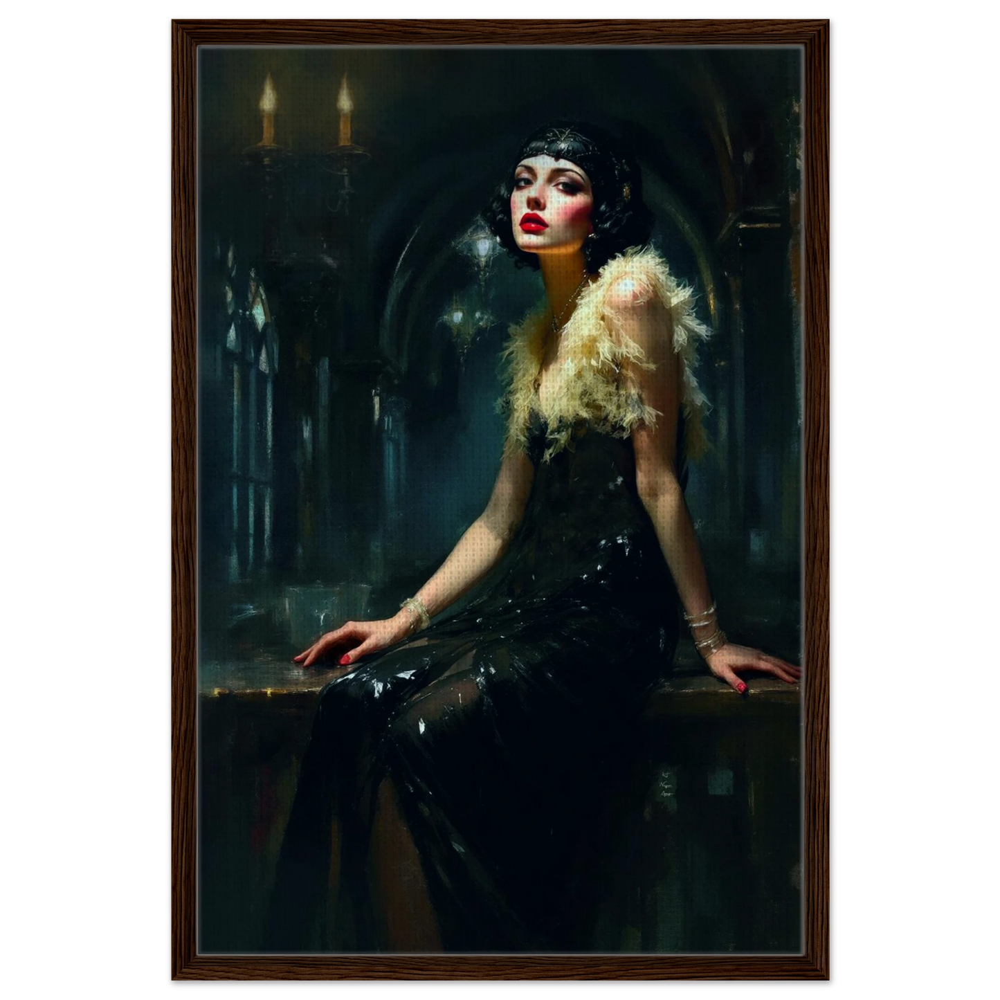 Speakeasy 1920s Flapper Art Print 60x90 cm 24x36″ Framed Canvas Dark Brown Wood Frame