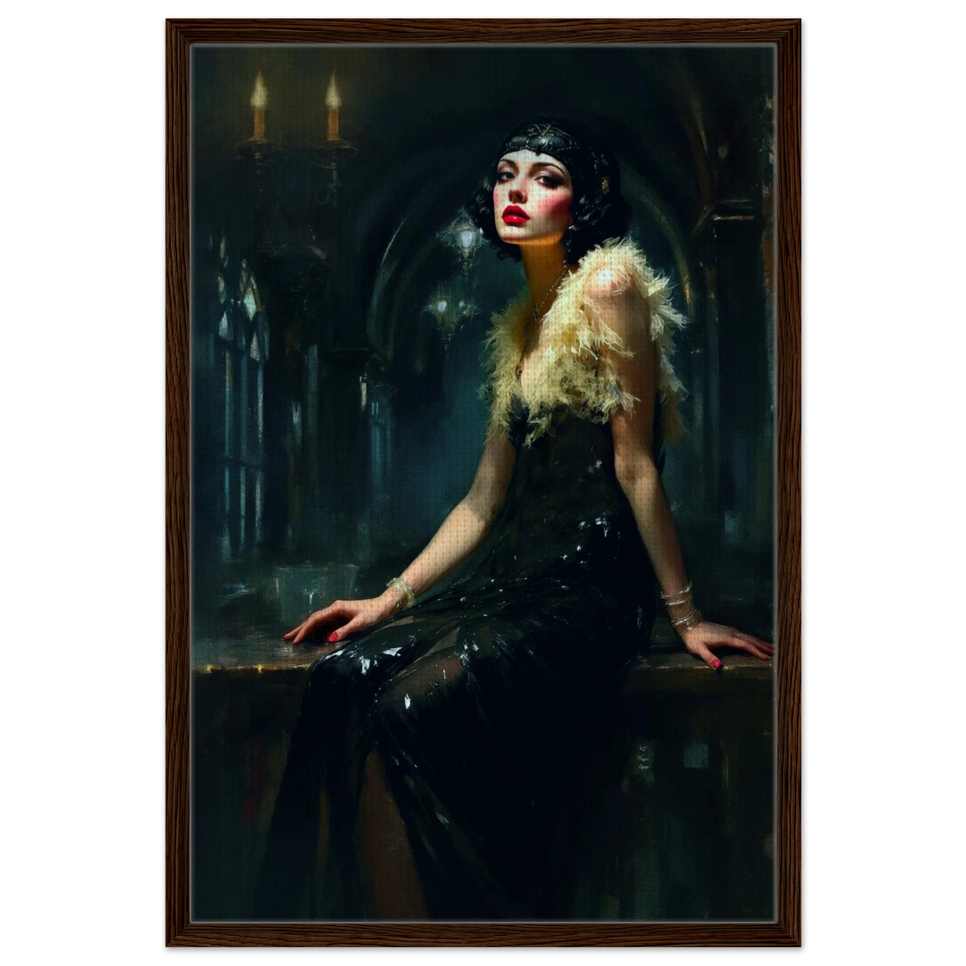 Speakeasy 1920s Elegant Flapper Art Print 60x90 cm 24x36″ Framed Canvas Dark Brown Wood Frame