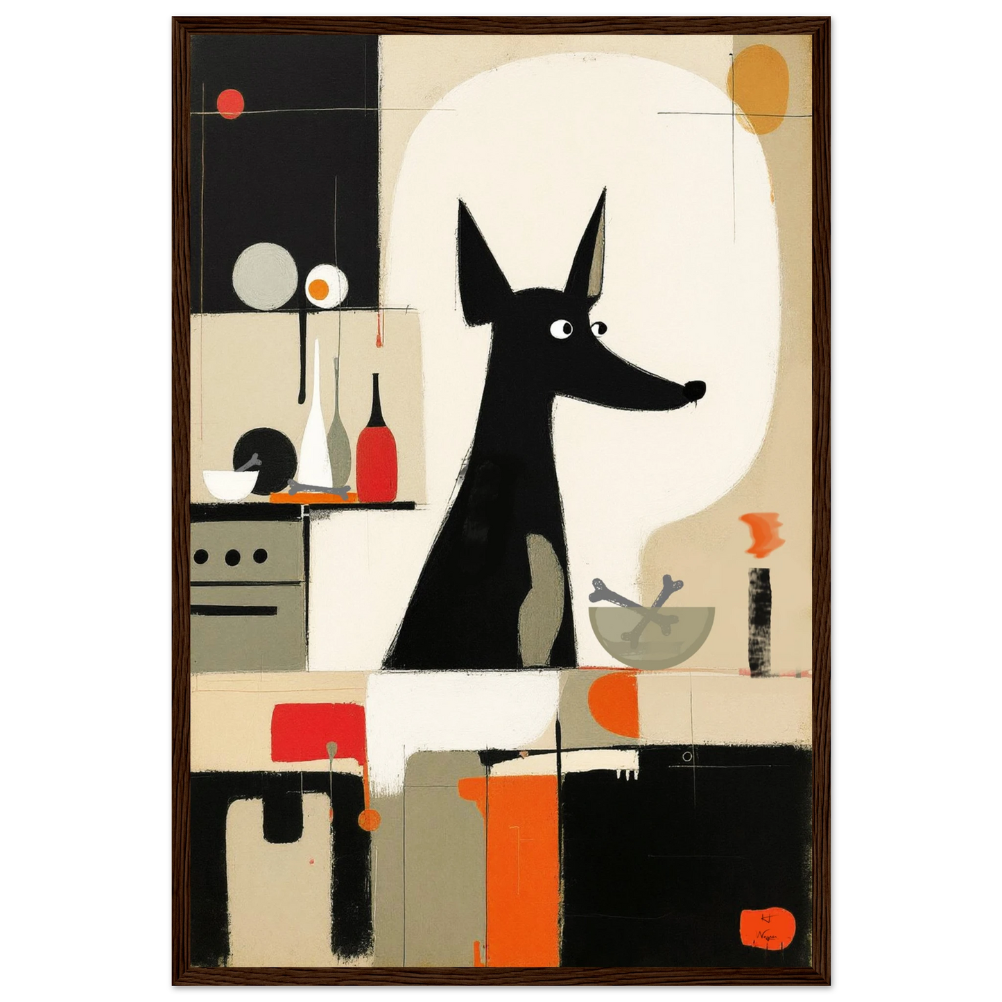 Modern Quirky Abstract Dog Art Print Dark Brown Wood Frame 40x60 cm 16x24″ Premium Matte Paper Wooden Framed Poster
