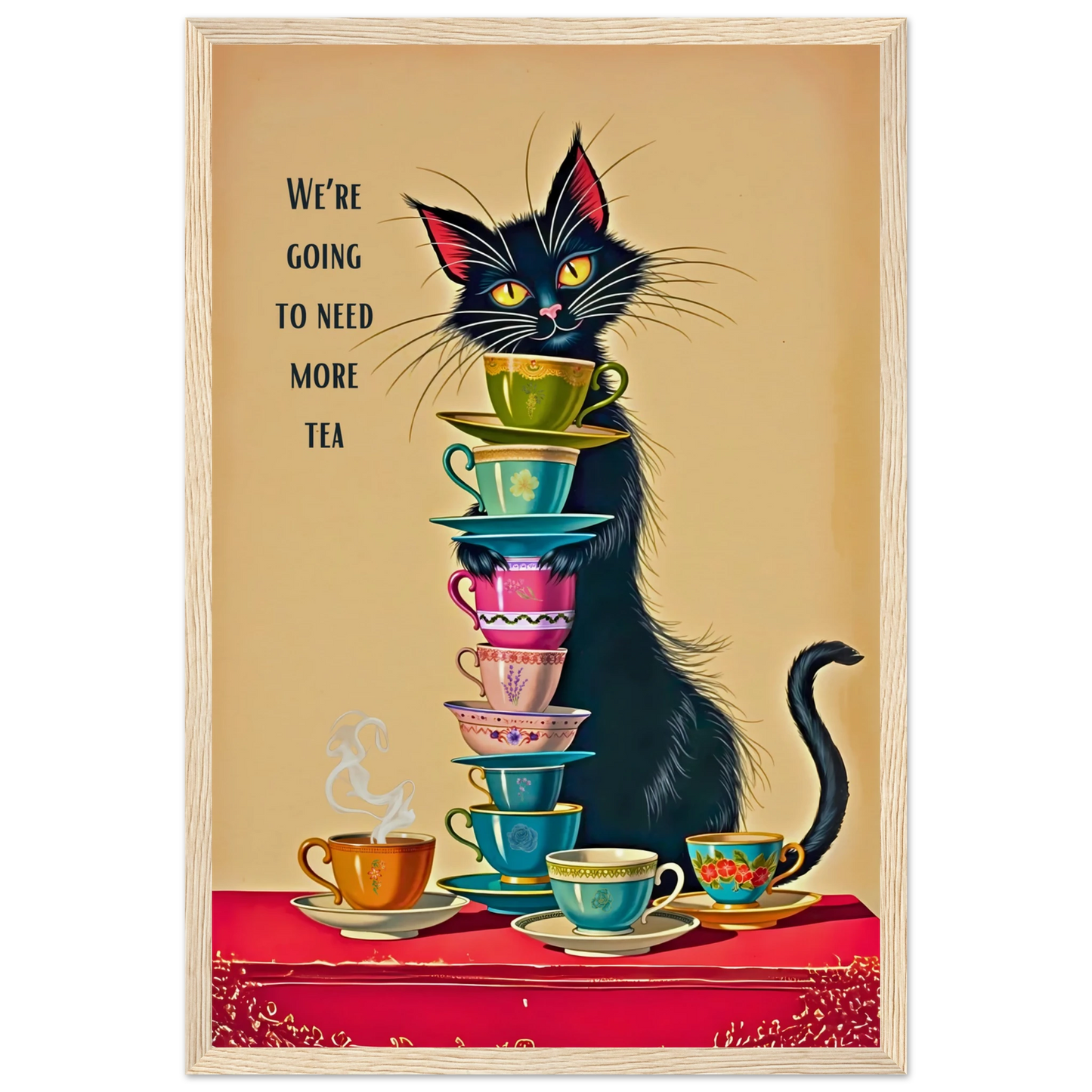 Quirky Cat Funny Tea Art Print 30x45 cm 12x18″ Museum-Quality Matte Paper Wooden Framed Poster Light Wood Frame