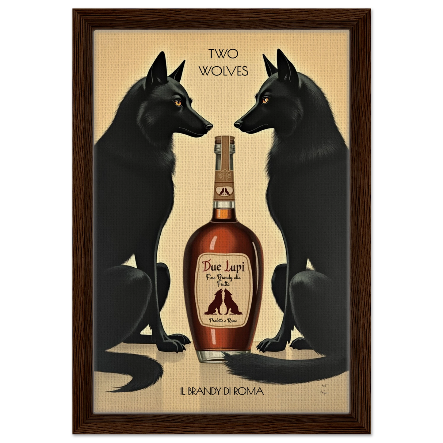 Two Wolves Italian Cocktail Bar Art Print 30x45 cm 12x18″ Framed Canvas Dark Brown Wood Frame