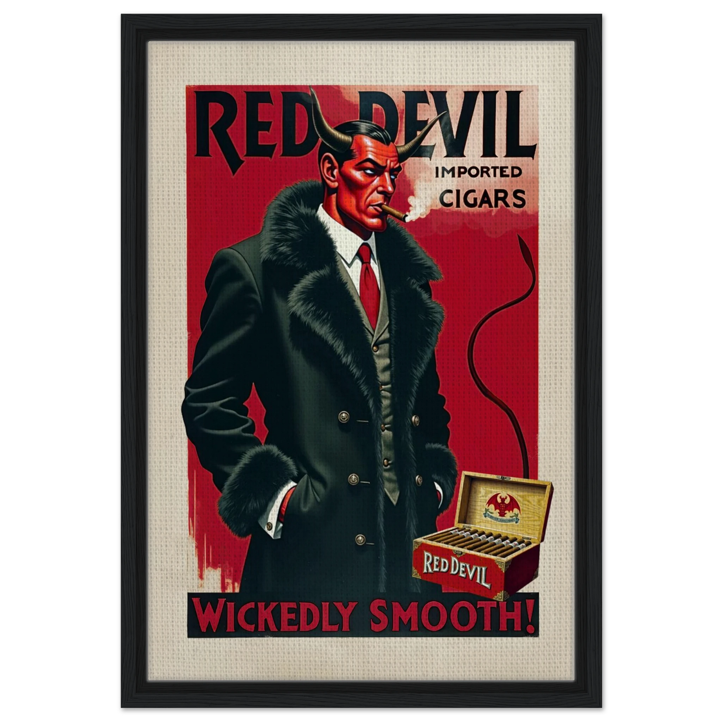 Red Devil Art Deco Cigar Art Print 40x60 cm 16x24″ Framed Canvas Black Wood Frame
