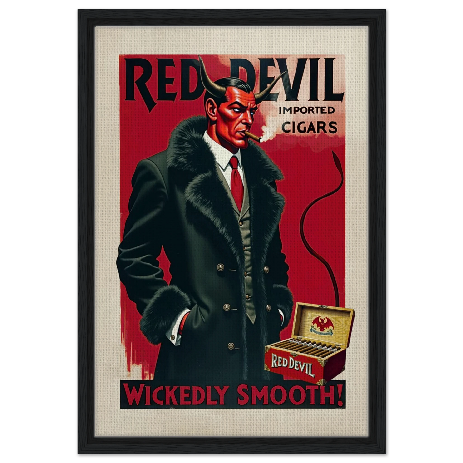 Red Devil 1920s Art Deco Cigar Art Print 40x60 cm 16x24″ Framed Canvas Black Wood Frame