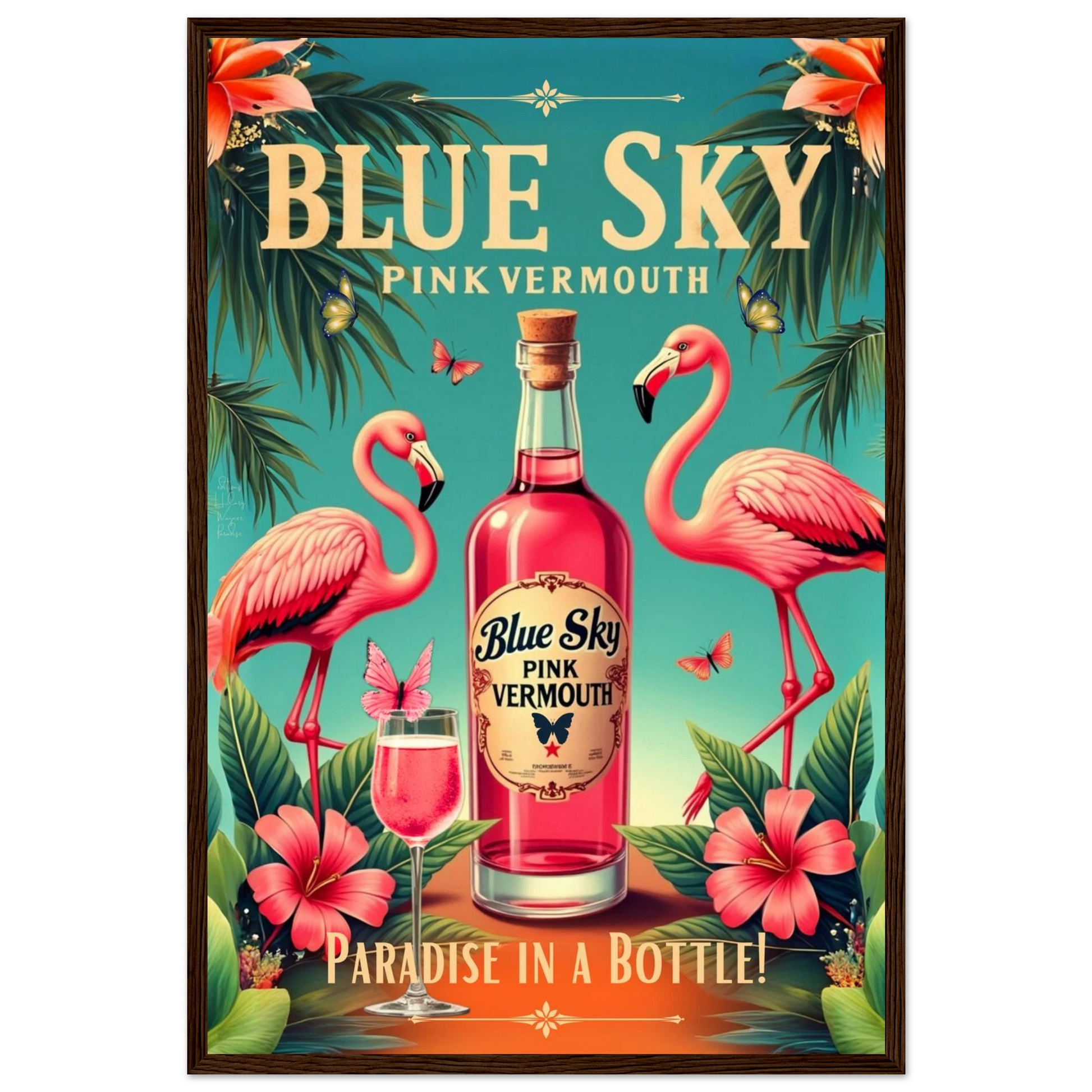 Vintage Pink Flamingo Tiki Bar Art Print 40x60 cm 16x24″ Premium Matte Paper Wooden Framed Poster Dark Brown Wood Frame