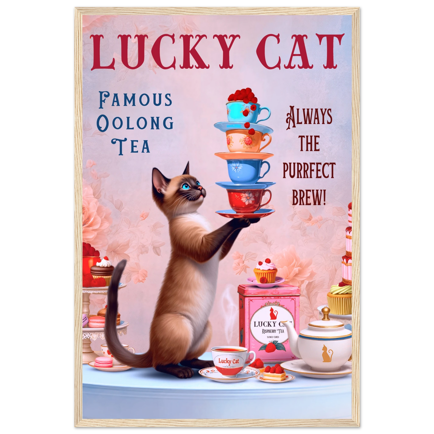 Siamese Lucky Cat Vintage Tea Art Print 40x60 cm 16x24″ Premium Matte Paper Wooden Framed Poster Light Wood Frame