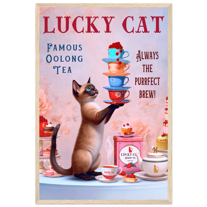 Siamese Lucky Cat Vintage Tea Art Print 40x60 cm 16x24″ Premium Matte Paper Wooden Framed Poster Light Wood Frame