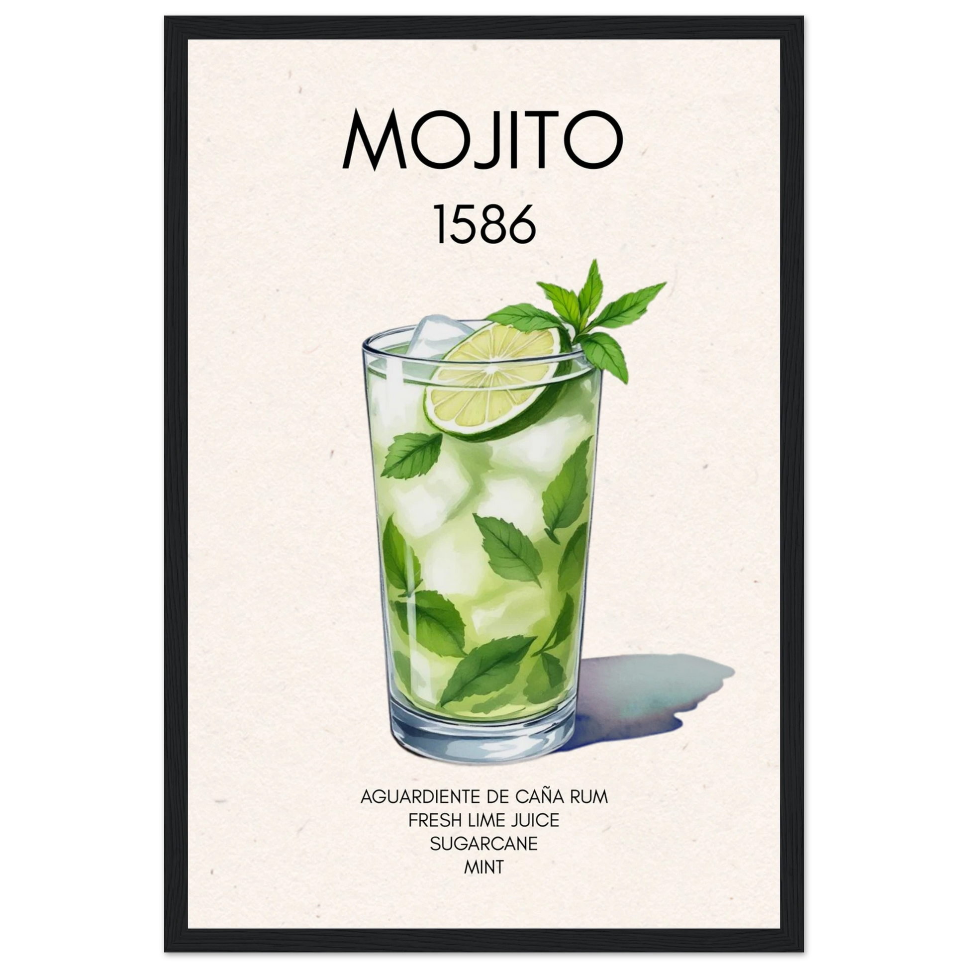 Mojito Cocktail Bar Poster Print Black Wood Frame 30x45 cm 12x18″ Premium Matte Paper Wooden Framed Poster