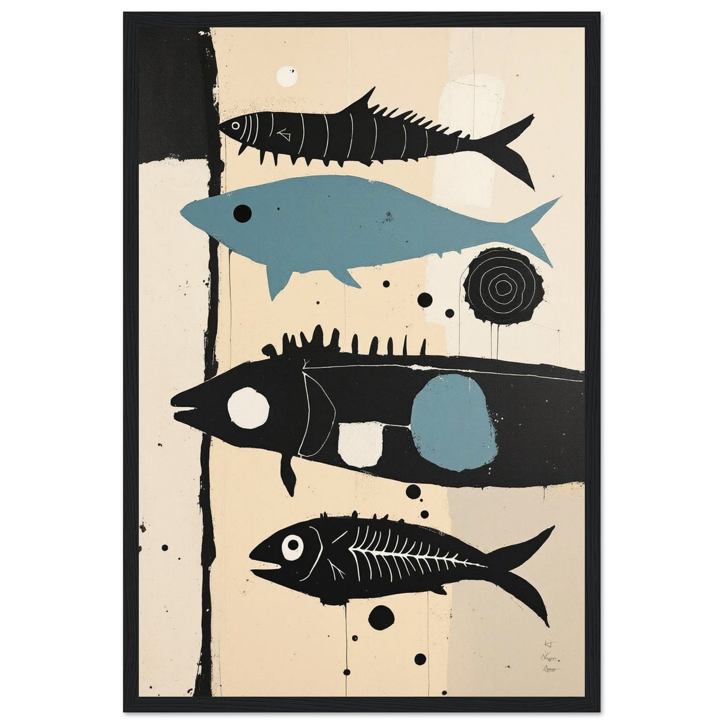 Mid-Century Modern Fish Art Poster Print – Framed Abstract Neutral Wall Decor Black Wood Frame 40x60 cm 16x24″ Framed Canvas