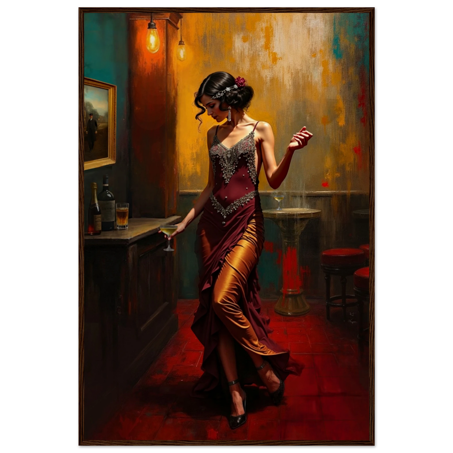 Speakeasy Flapper Art Prohibition Poster Print Dark Brown Wood Frame 60x90 cm 24x36″ Museum-Quality Matte Paper Wooden Framed Poster