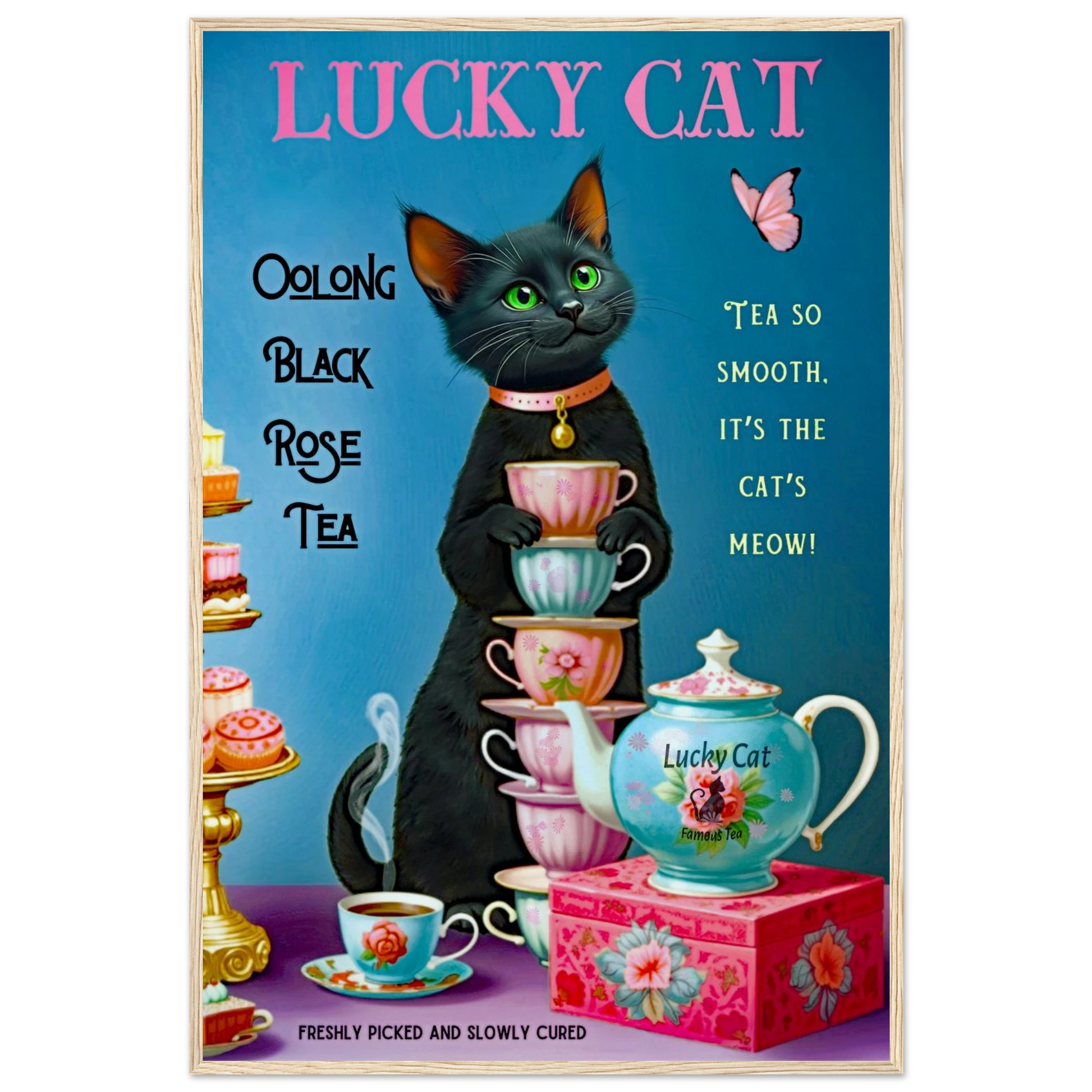 Lucky Cat Vintage Oolong Tea Art Print 60x90 cm 24x36″ Museum-Quality Matte Paper Wooden Framed Poster Light Wood Frame