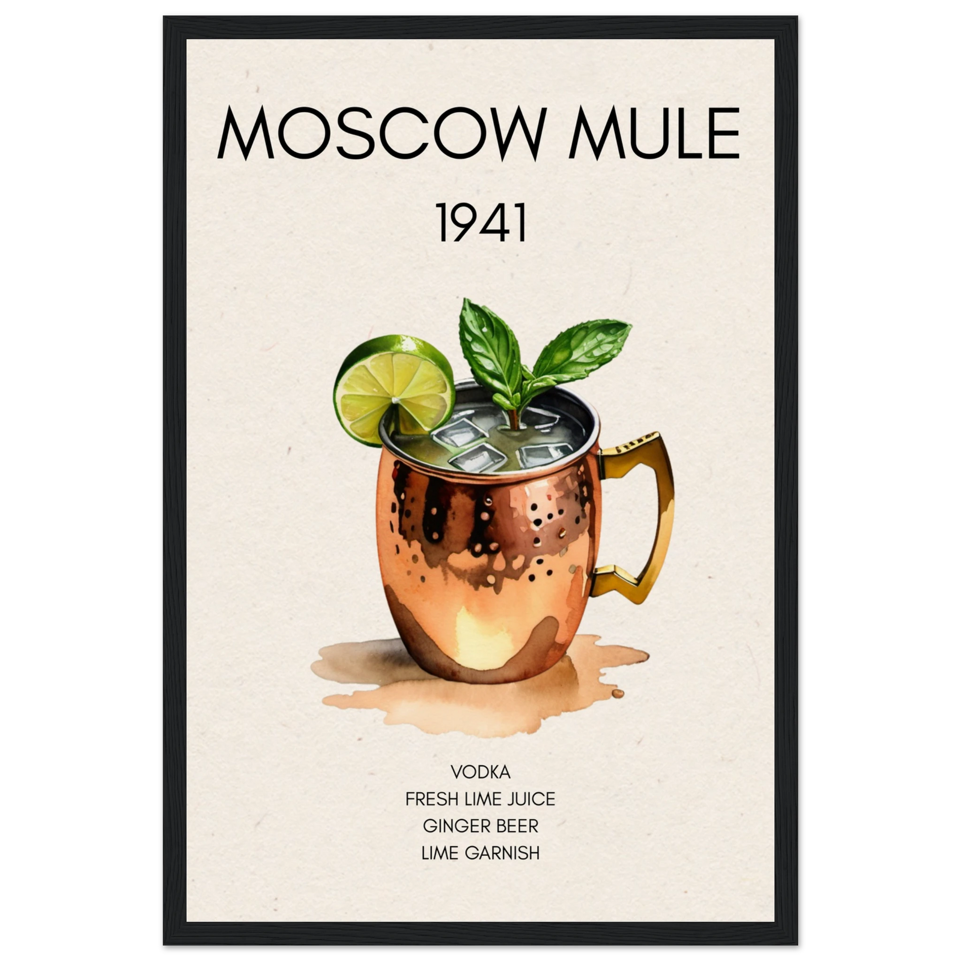 Moscow Mule Cocktail Bar Poster Print Black Wood Frame 30x45 cm 12x18″ Museum-Quality Matte Paper Wooden Framed Poster