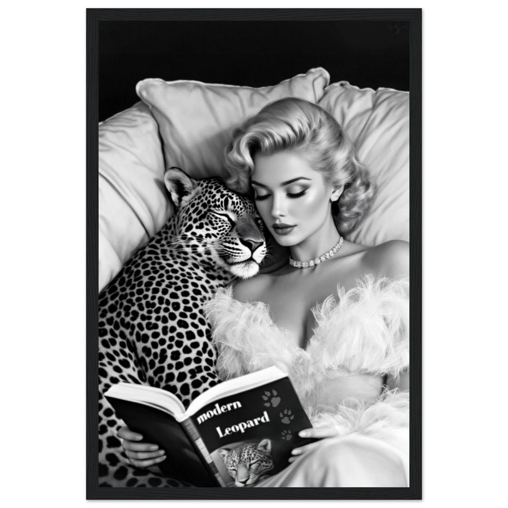 Hollywood Starlet Leopard Cat Art Print 30x45 cm 12x18″ Classic Matte Paper Wooden Framed Poster Black Wood Frame