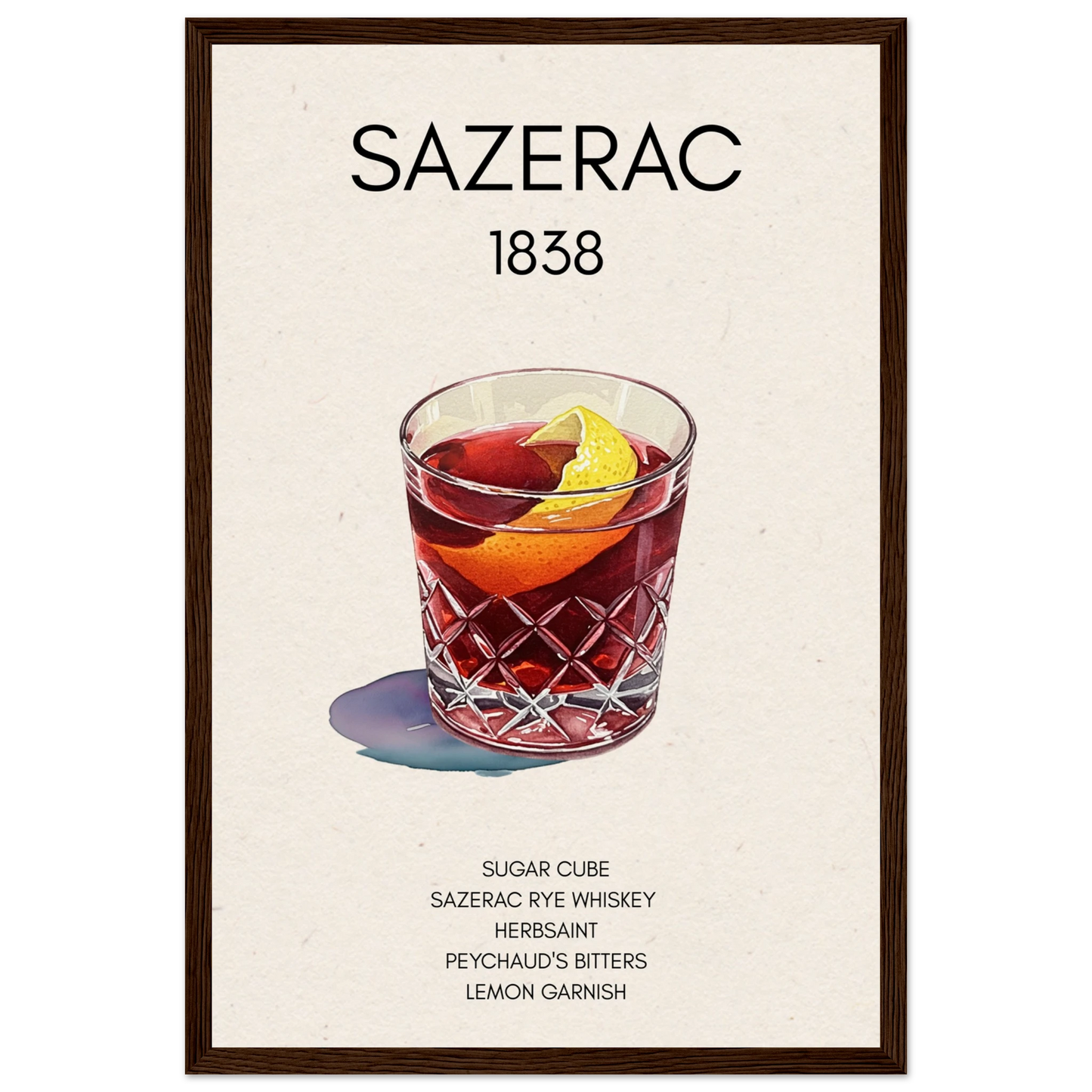 Sazerac Cocktail Bar Poster Print Dark Brown Wood Frame 30x45 cm 12x18″ Museum-Quality Matte Paper Wooden Framed Poster