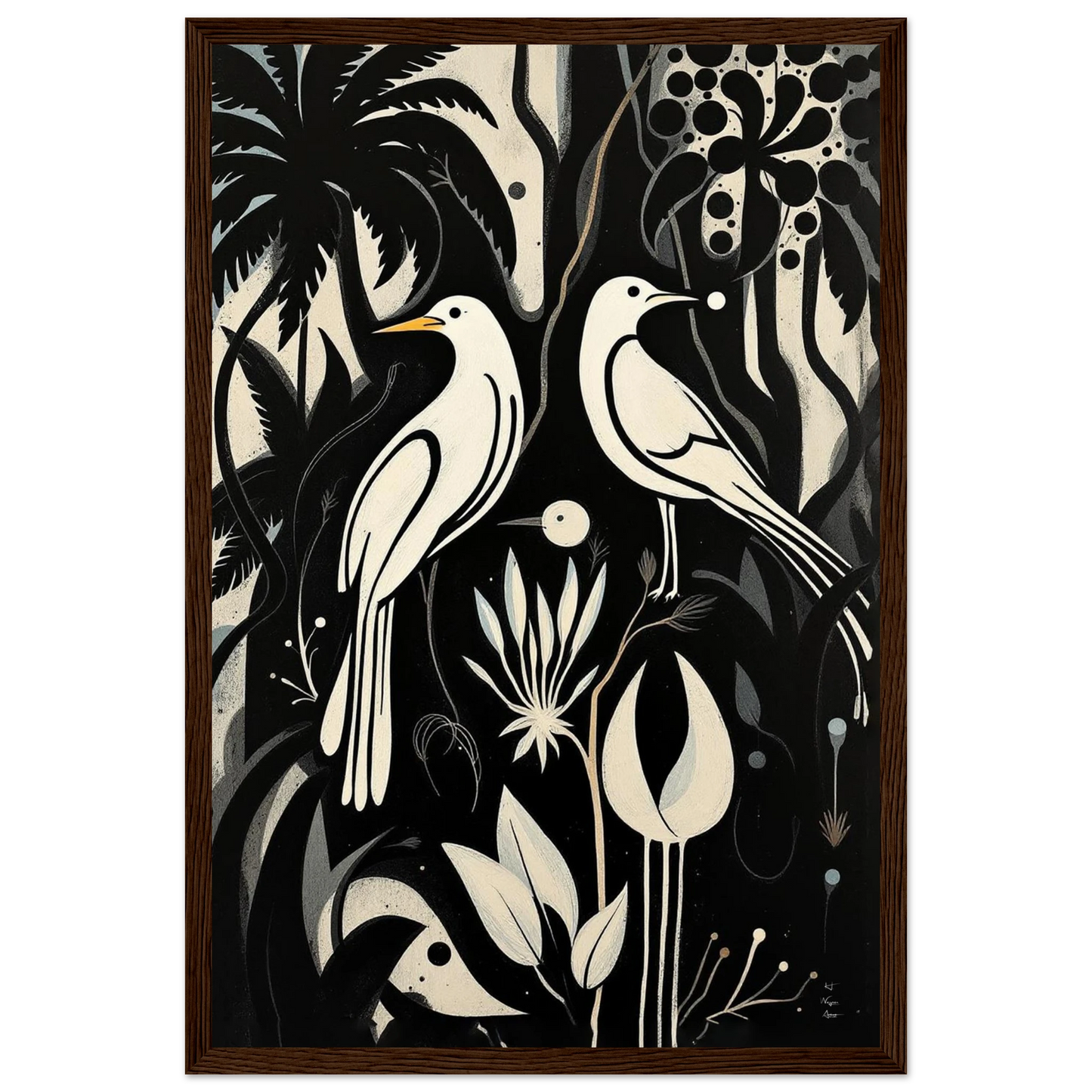 Black & White Minimalist Bird Art Print Dark Brown Wood Frame 30x45 cm 12x18″ Premium Matte Paper Wooden Framed Poster