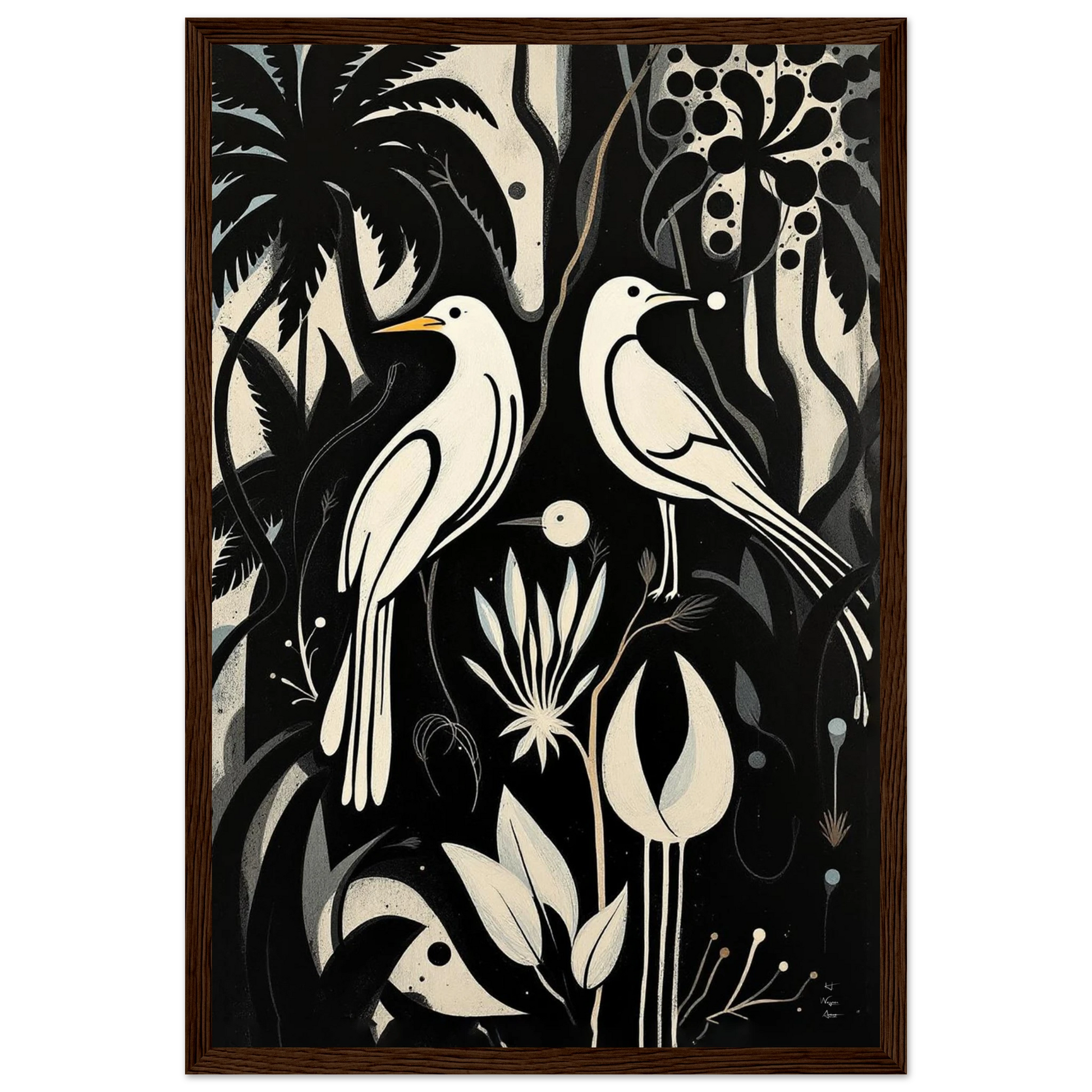 Black & White Minimalist Bird Art Print Dark Brown Wood Frame 30x45 cm 12x18″ Premium Matte Paper Wooden Framed Poster