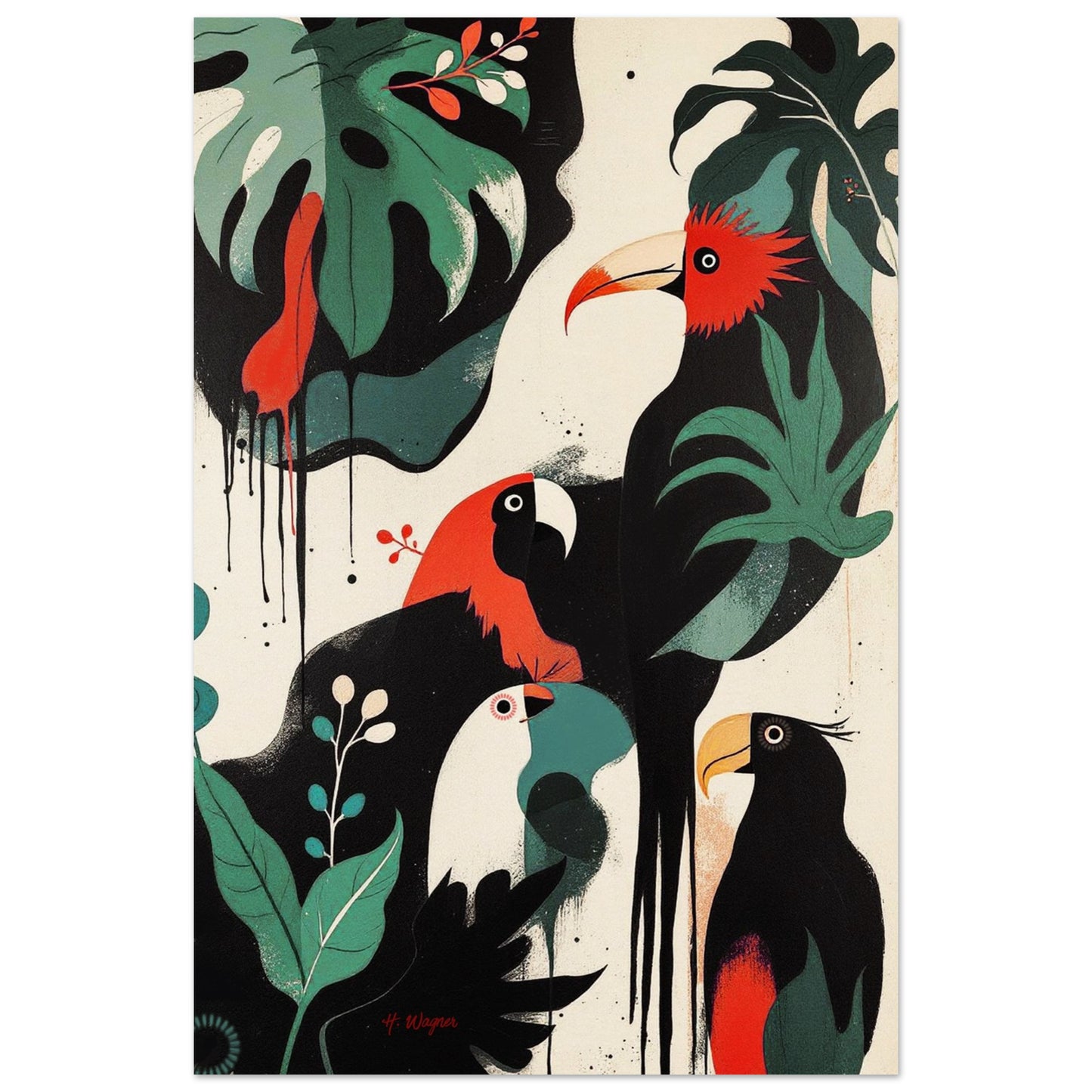 Mid-Century Modern Exotic Bird Art Poster Print - Framed Tropical Parrot Wall Décor No Frame 60x90 cm 24x36″ Museum-Quality Matte Paper Poster