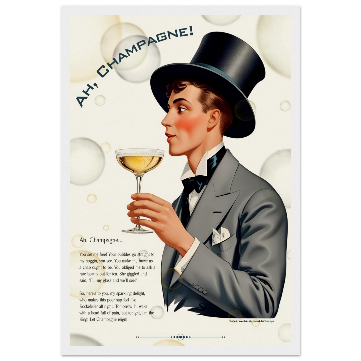 Art Deco Champagne Funny Poem Art Print 30x45 cm 12x18″ Museum-Quality Matte Paper Wooden Framed Poster White Wood Frame