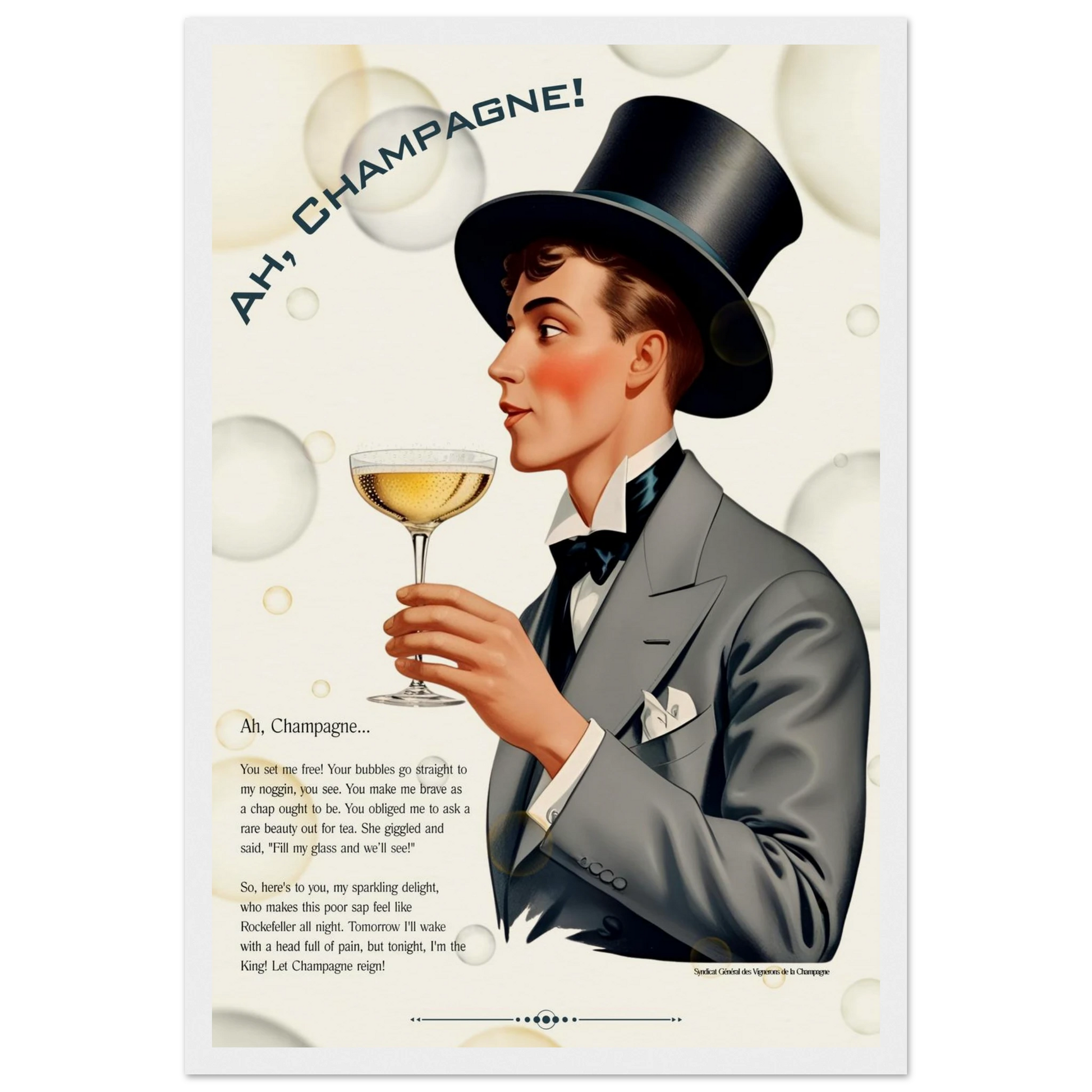 Art Deco Champagne Funny Poem Art Print 30x45 cm 12x18″ Museum-Quality Matte Paper Wooden Framed Poster White frame