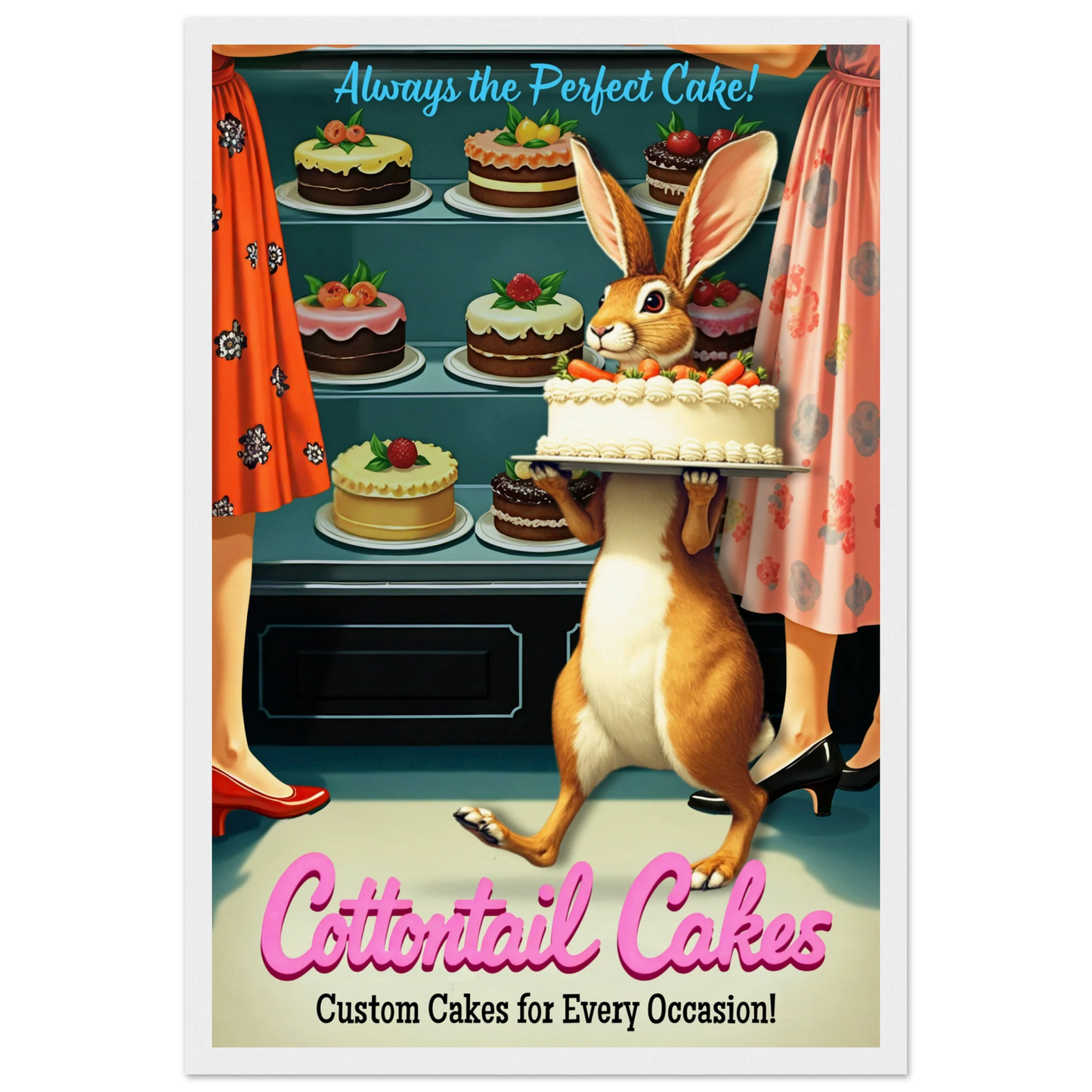Cottontail Rabbit Bakery 1950s Kitchen Print White Wood Frame 30x45 cm 12x18″ Museum-Quality Matte Framed Poster