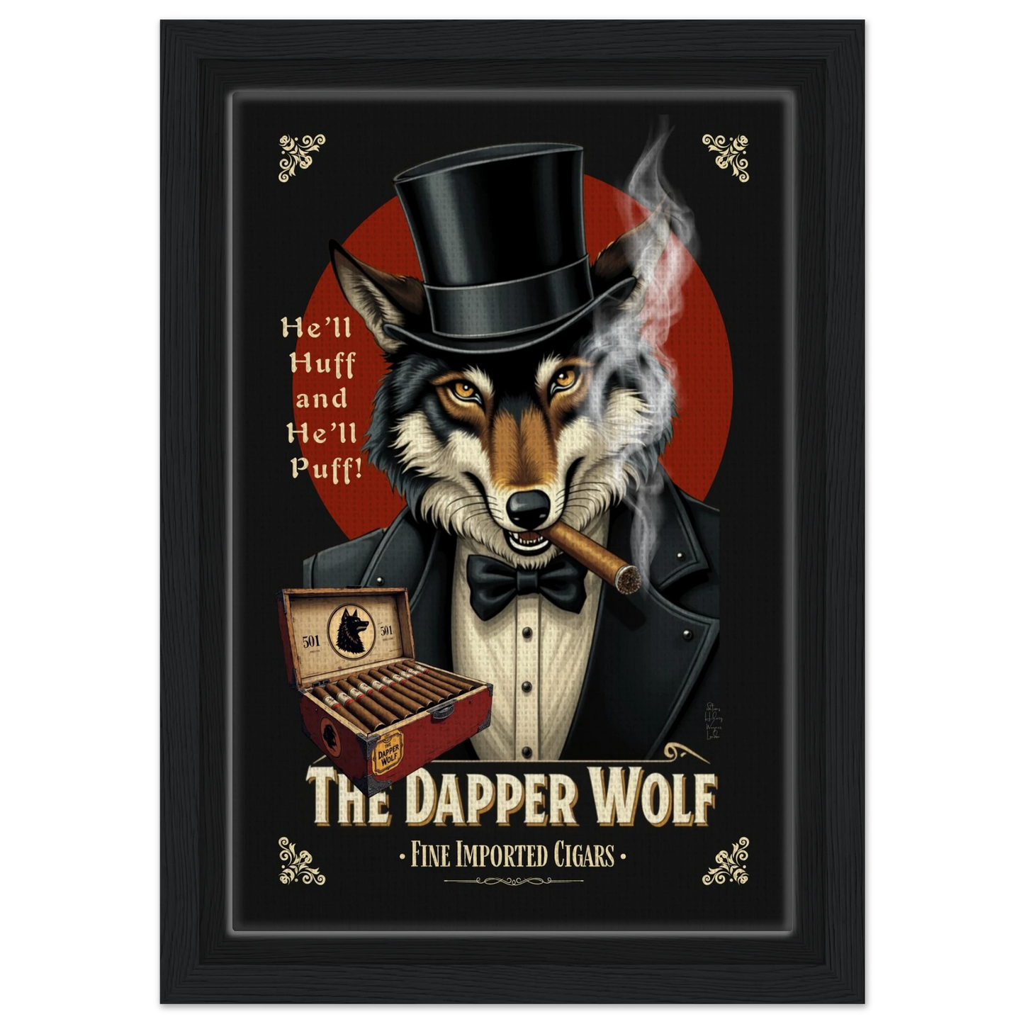 Smoking Wolf Retro Cigar Art Print 20x30 cm 8x12″ Framed Canvas Black Wood frame