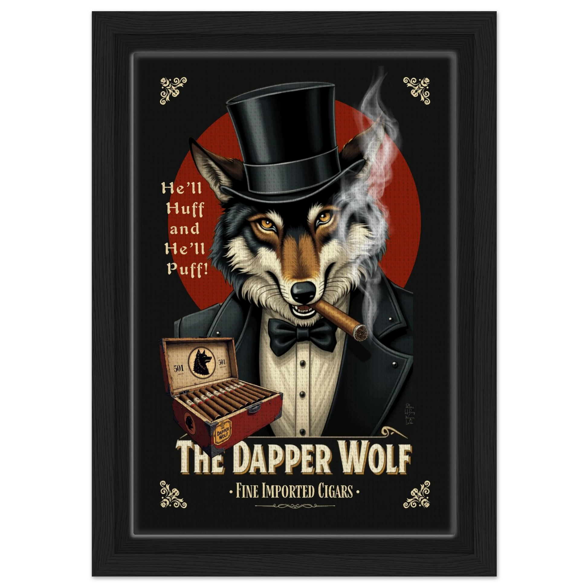 Smoking Wolf Speakeasy Cigar Art Print 20x30 cm 8x12″ Framed Canvas Black Wood frame