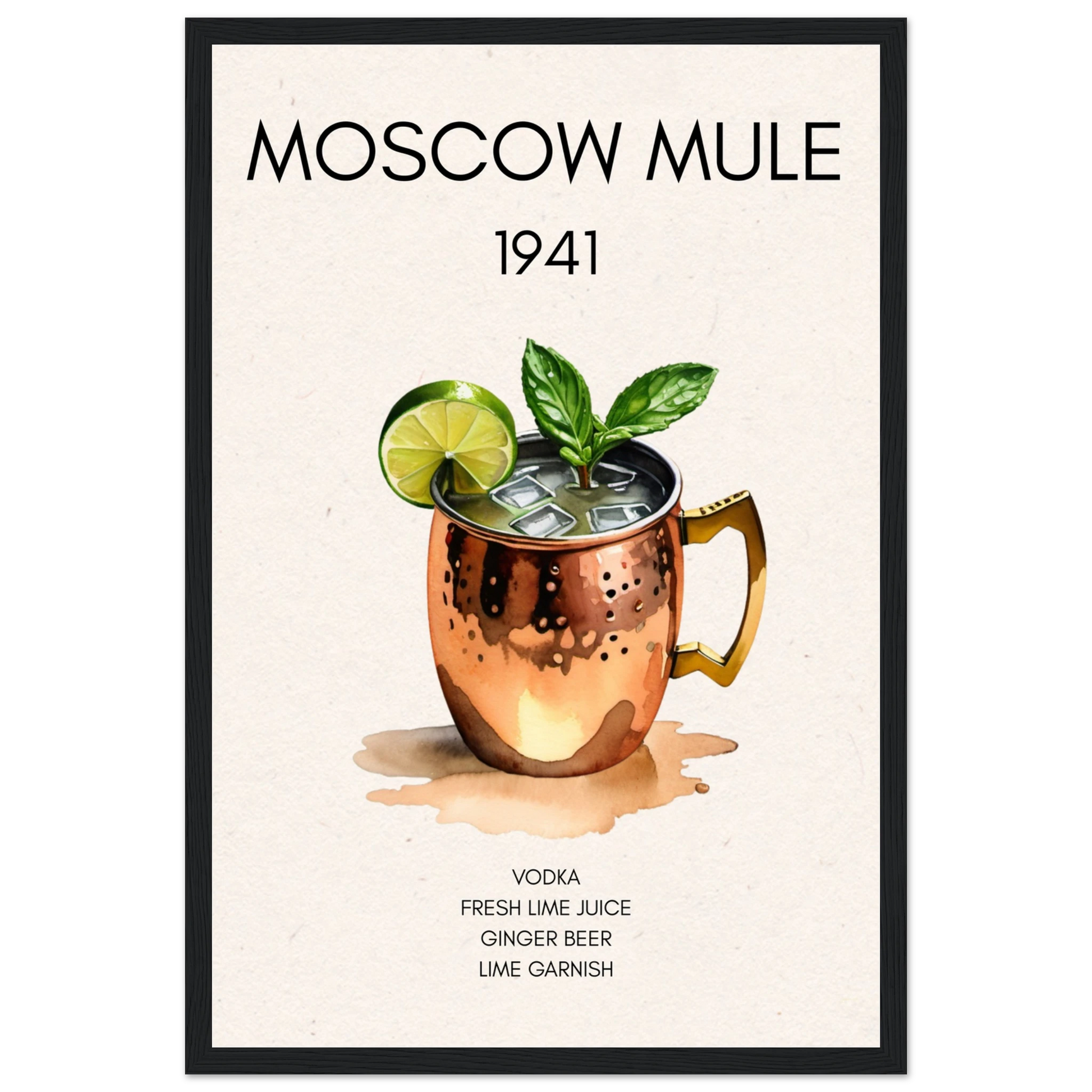 Moscow Mule Cocktail Bar Poster Print Black Wood Frame 30x45 cm 12x18″ Premium Matte Paper Wooden Framed Poster