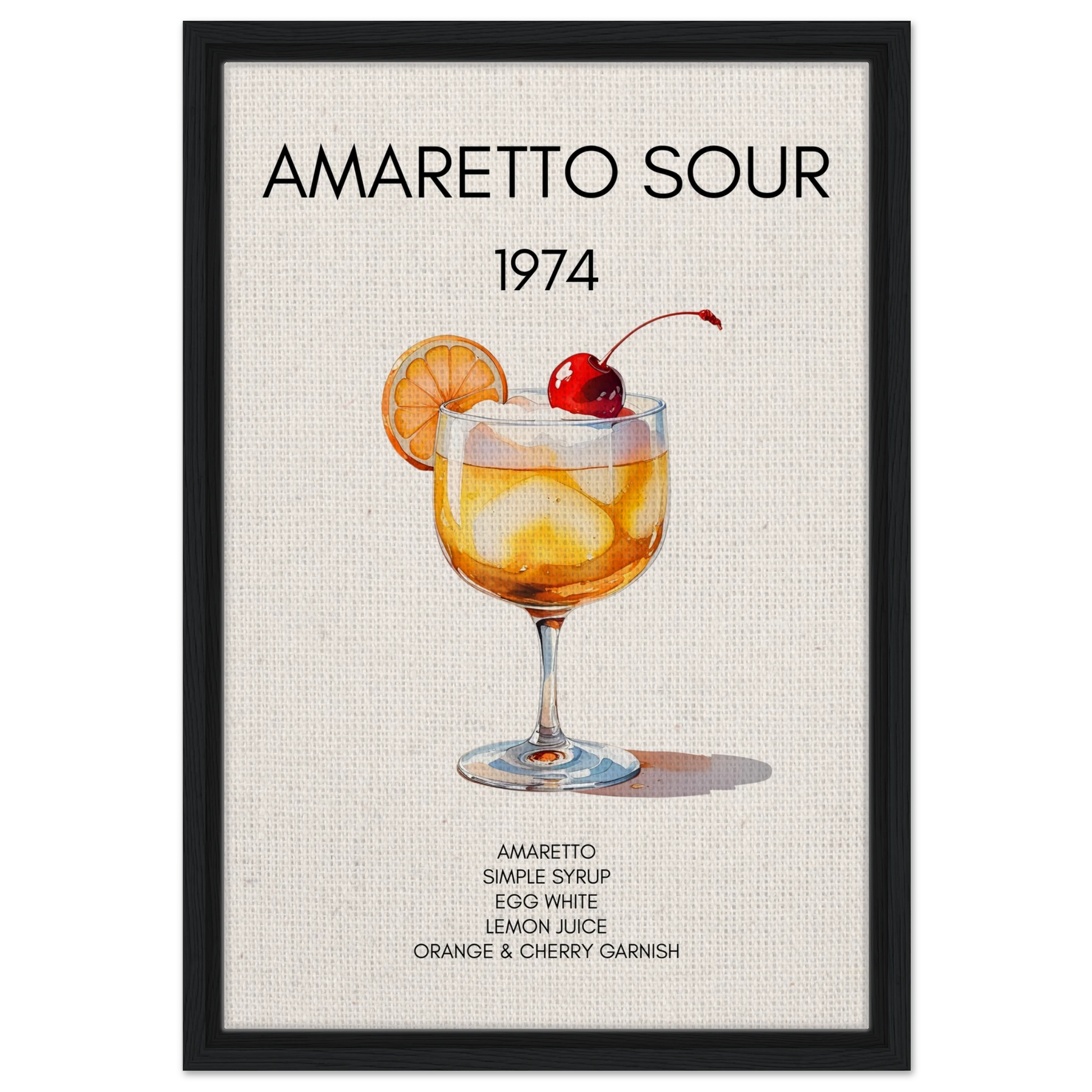 Amaretto Sour Cocktail Bar Art Print Black Wood Frame 40x60 cm 16x24″ Framed Canvas