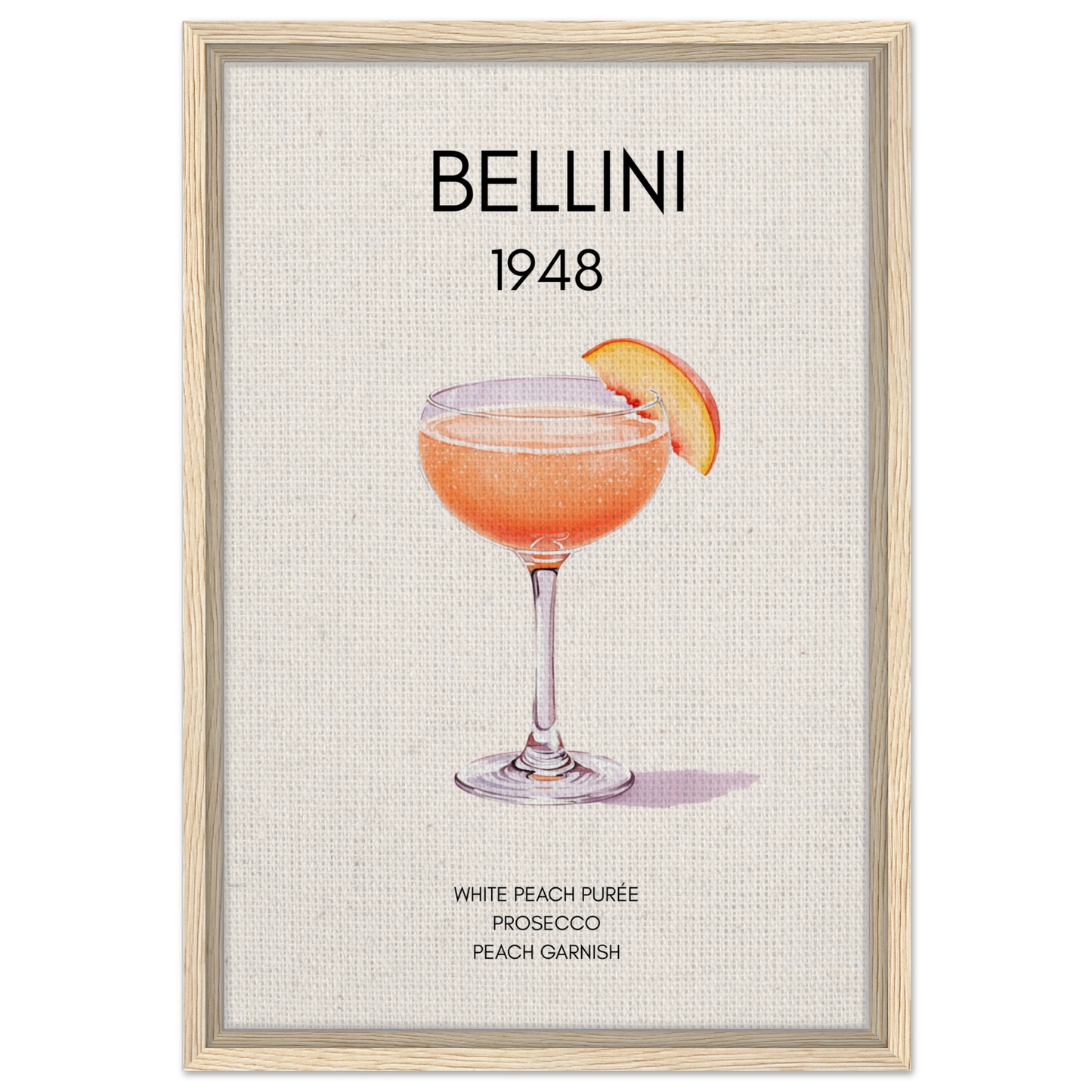 Italian Bellini Cocktail Bar Poster Print 40x60 cm 16x24″ Framed Canvas Light Wood Frame
