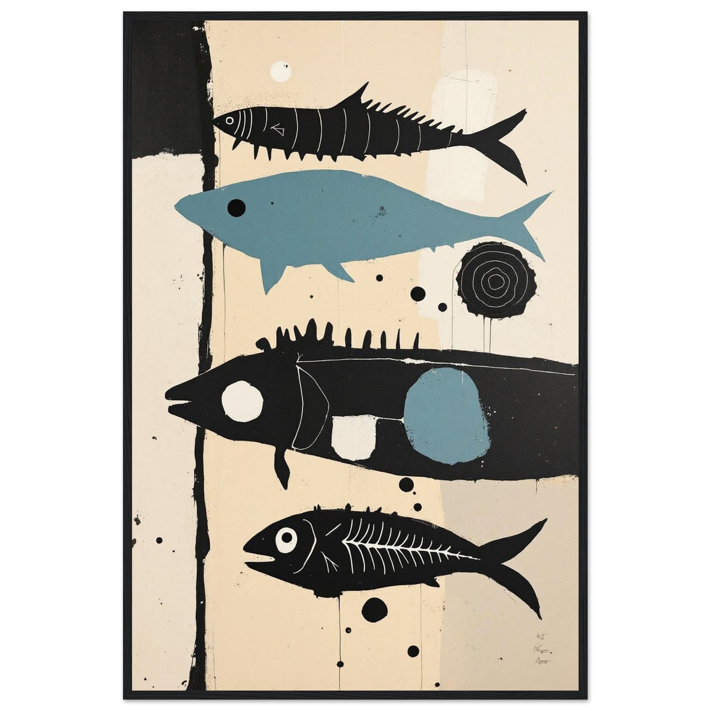 Mid-Century Modern Fish Art Poster Print – Framed Abstract Neutral Wall Decor Black Wood Frame 60x90 cm 24x36″ Classic Matte Wooden Framed Poster