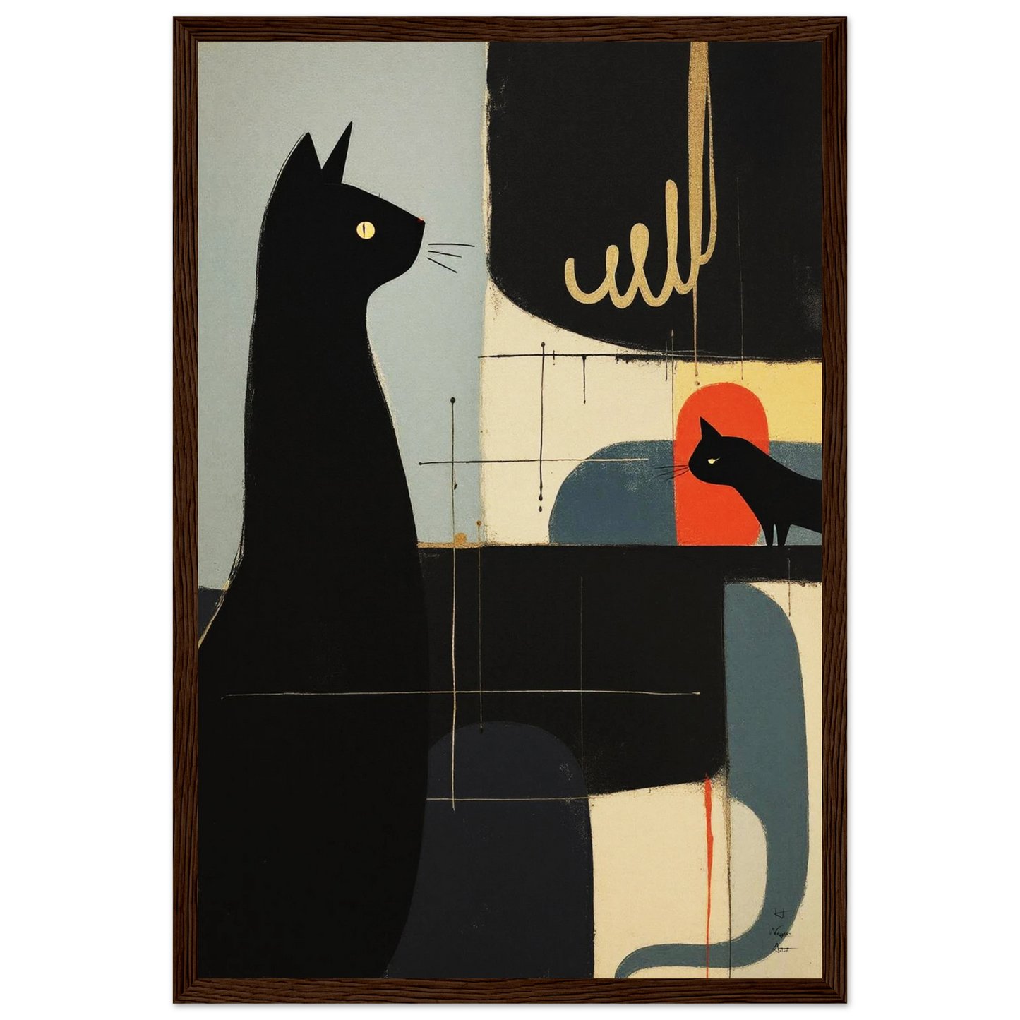 Abstract Cat & Kitten Modern Art Print Dark Brown Wood Frame 30x45 cm 12x18″ Museum-Quality Matte Framed Poster