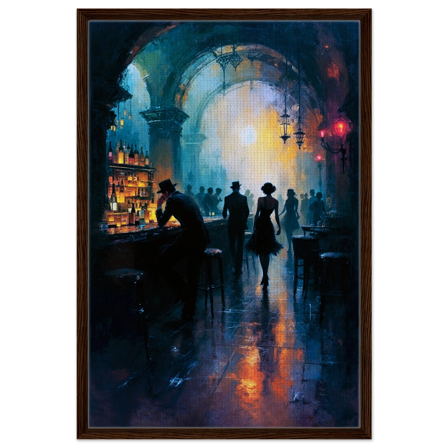 Dance Hall Speakeasy Art Print 60x90 cm 24x36″ Framed Canvas Dark Brown Wood Frame