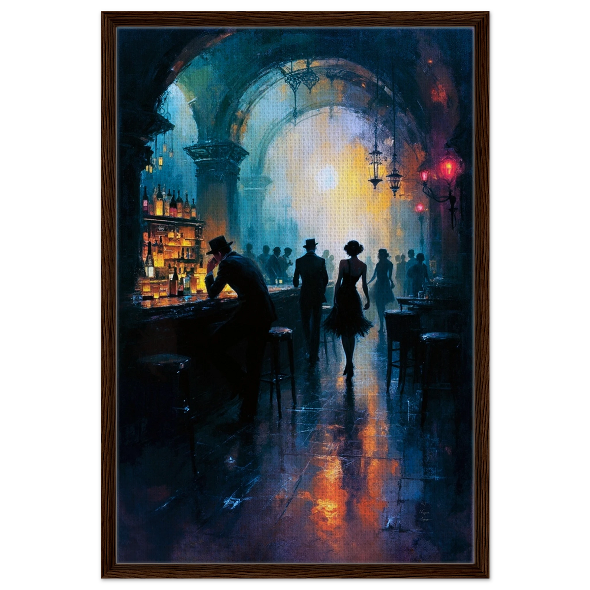 Speakeasy Nightlife Cocktail Bar Art Print 60x90 cm 24x36″ Framed Canvas Dark Brown Wood Frame
