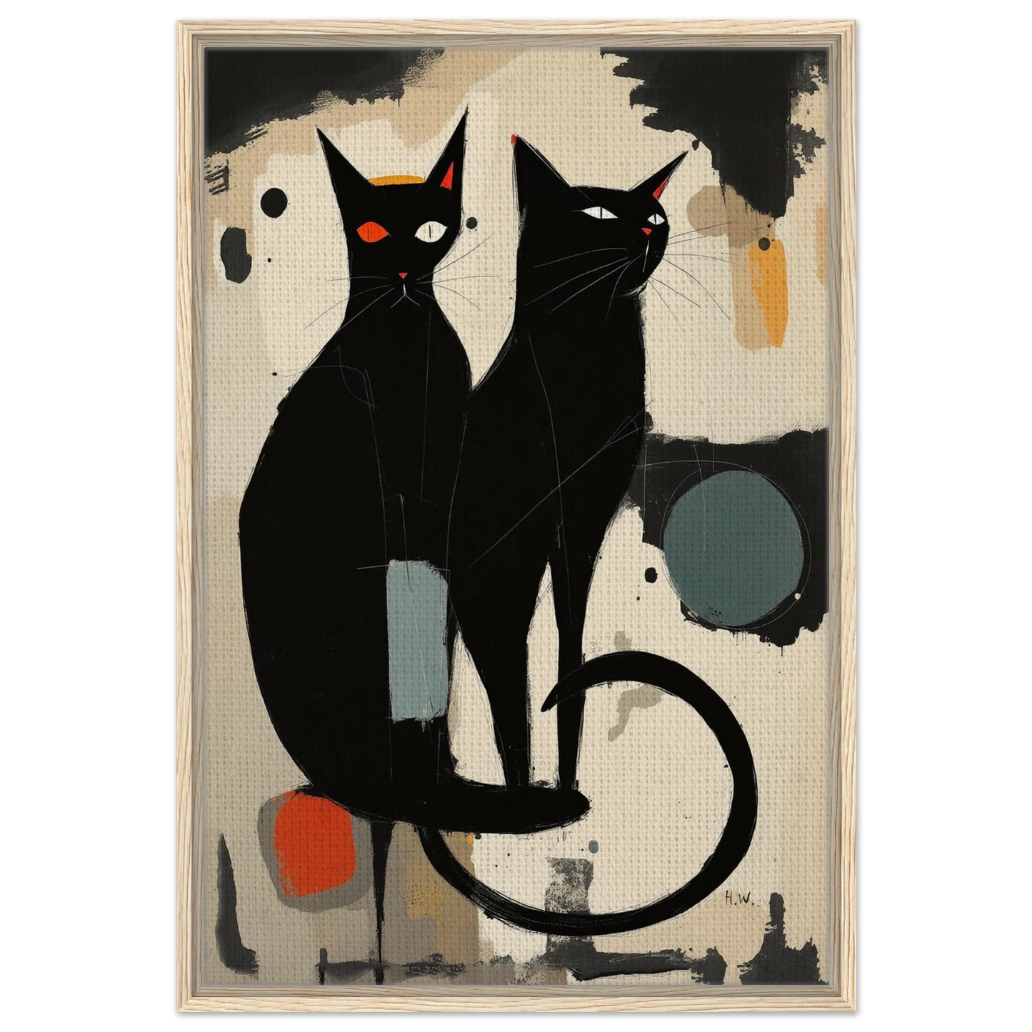 Abstract Crazy Cat Duo Art Print Light Wood Frame 60x90 cm 24x36″ Framed Canvas