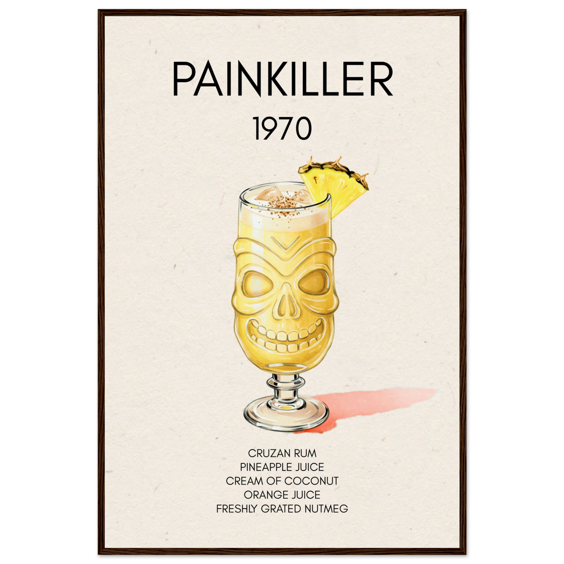 Painkiller Cocktail Bar Art Tiki Print Dark Brown Wood Frame 60x90 cm 24x36″ Museum-Quality Matte Paper Wooden Framed Poster