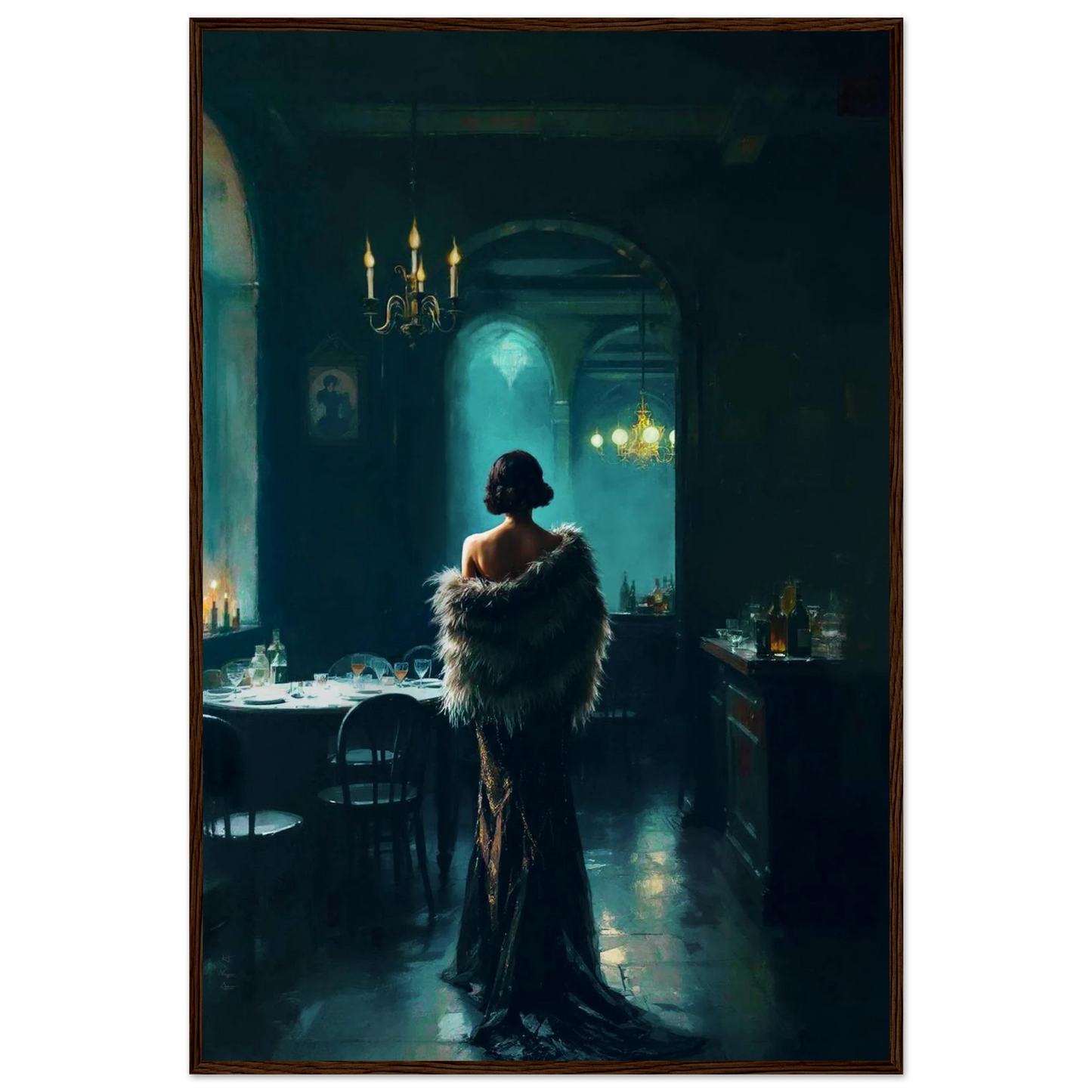 Moody Speakeasy Flapper Bar Art Print Dark Brown Wood Frame 60x90 cm 24x36″ Museum-Quality Matte Framed Poster