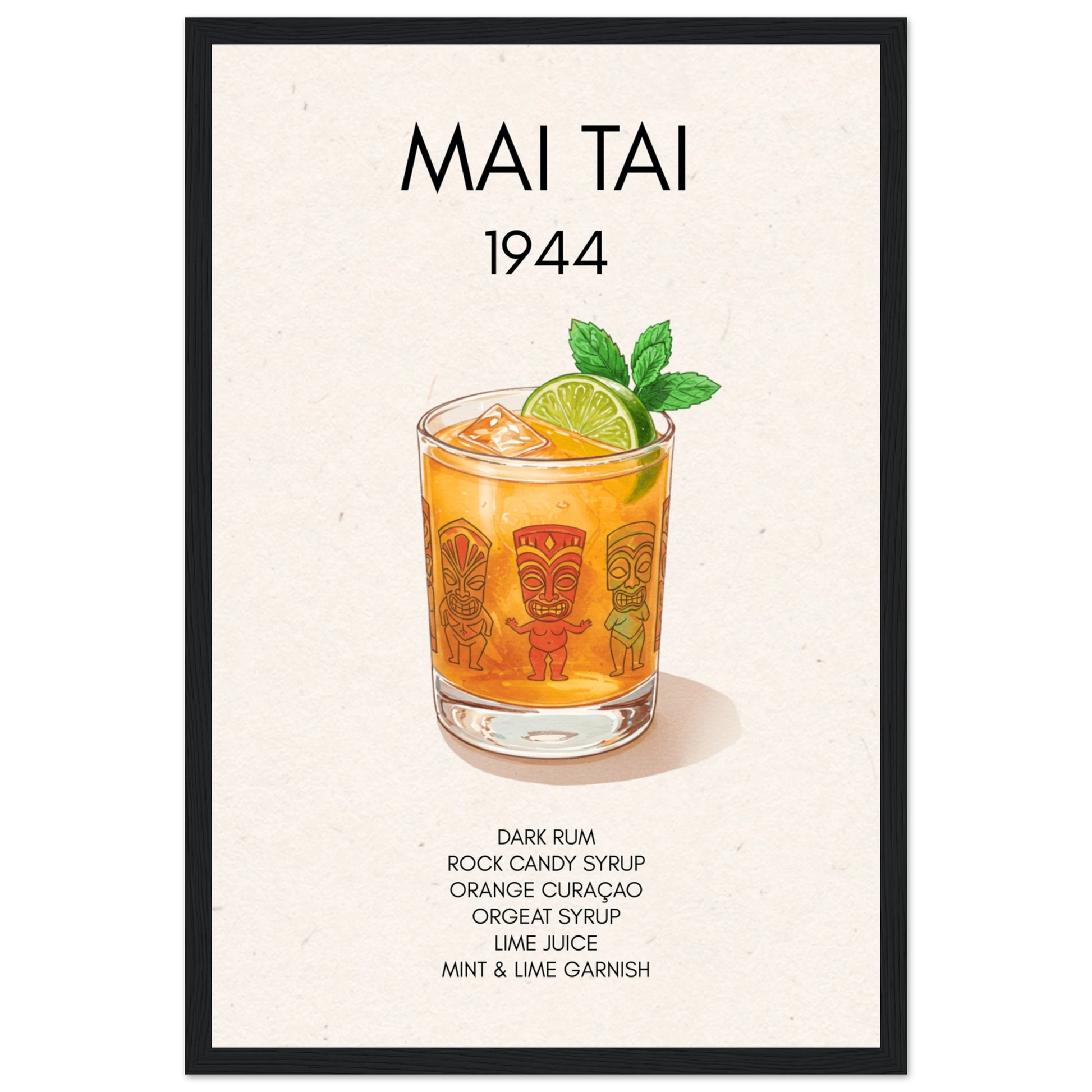 Mai Tai Tropical Cocktail Bar Poster Print Black Wood Frame 30x45 cm 12x18″ Classic Matte Paper Wooden Framed Poster