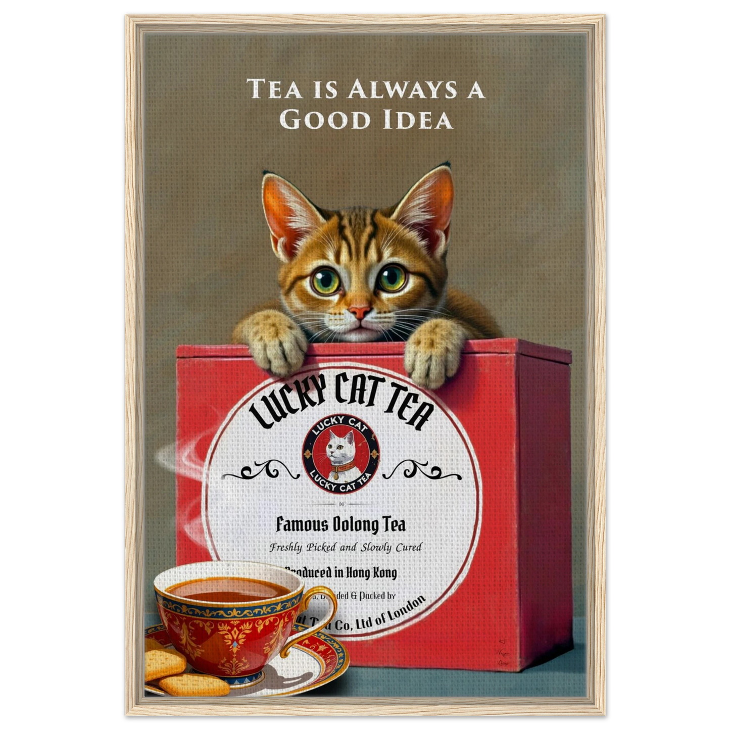 Lucky Cat Tea Vintage Kitchen Art Print Light Wood Frame 60x90 cm 24x36″ Framed Canvas