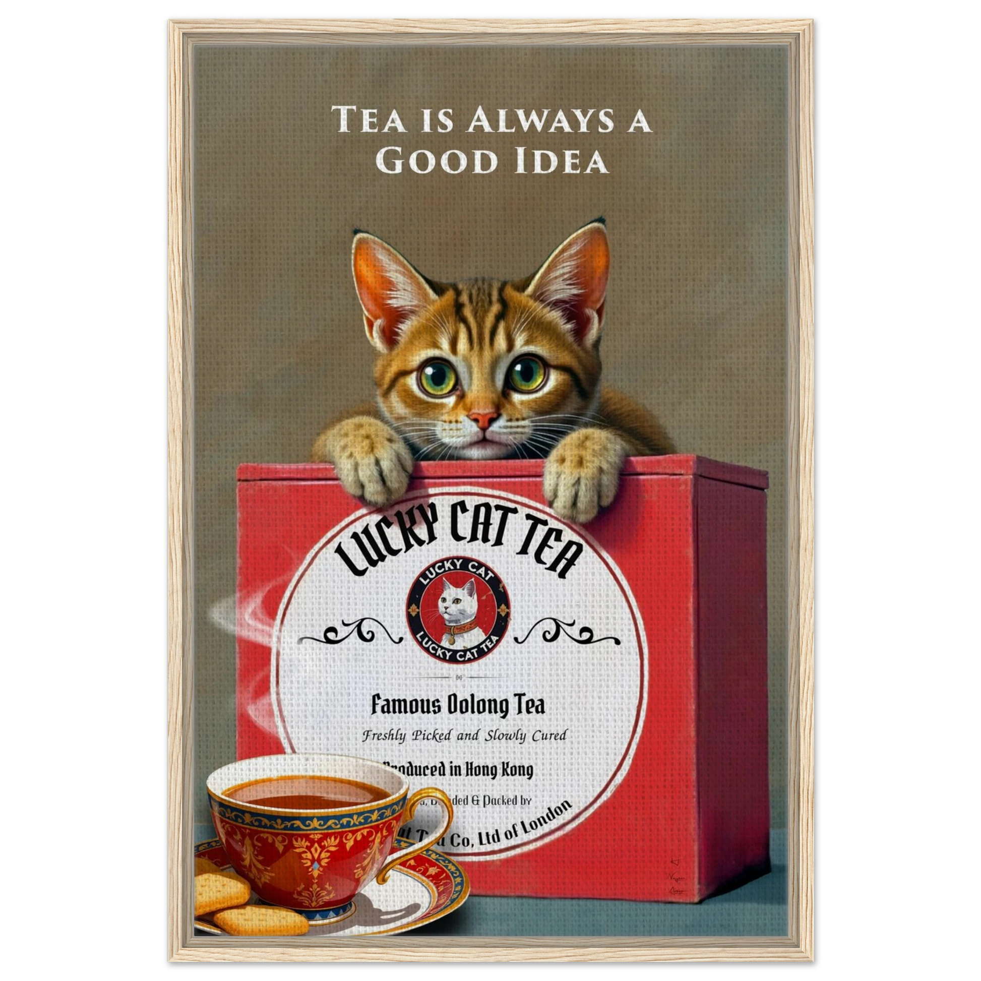 Tabby Lucky Cat Tea Vintage Kitchen Art Print Light Wood Frame 60x90 cm 24x36″ Framed Canvas