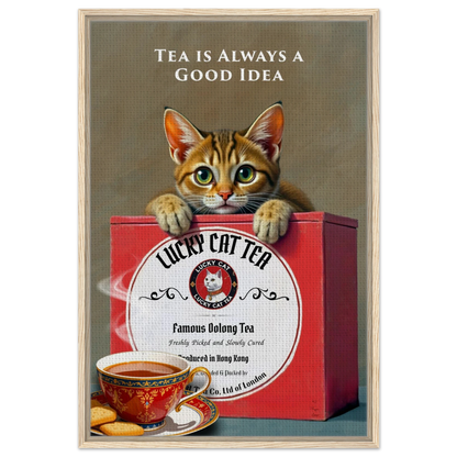 Tabby Lucky Cat Tea Vintage Kitchen Art Print Light Wood Frame 60x90 cm 24x36″ Framed Canvas