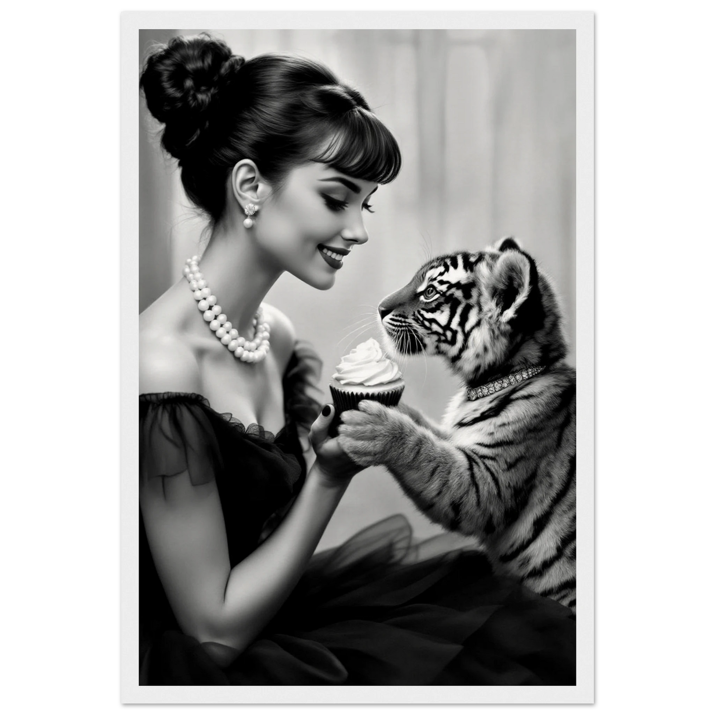 Audrey Hepburn Tiger Cub Art Print White Wood Frame 30x45 cm 12x18″ Museum-Quality Matte Paper Wooden Framed Poster