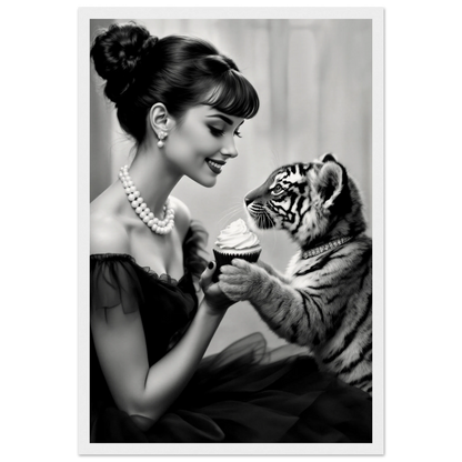 Audrey Hepburn Tiger Cub Art Print White Wood Frame 30x45 cm 12x18″ Museum-Quality Matte Paper Wooden Framed Poster