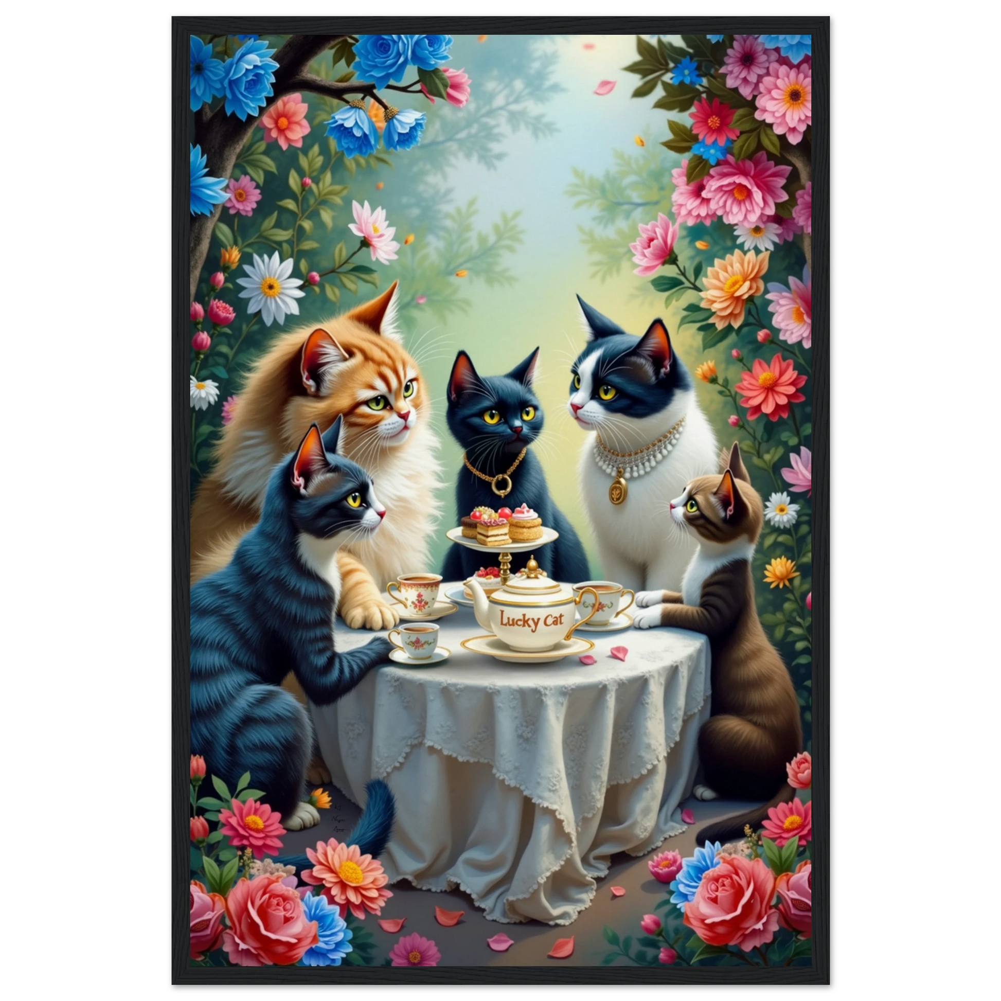 Lucky Cat Tea Party Botanical Art Print 40x60 cm 16x24″ Museum-Quality Matte Paper Wooden Framed Poster Black Wood frame
