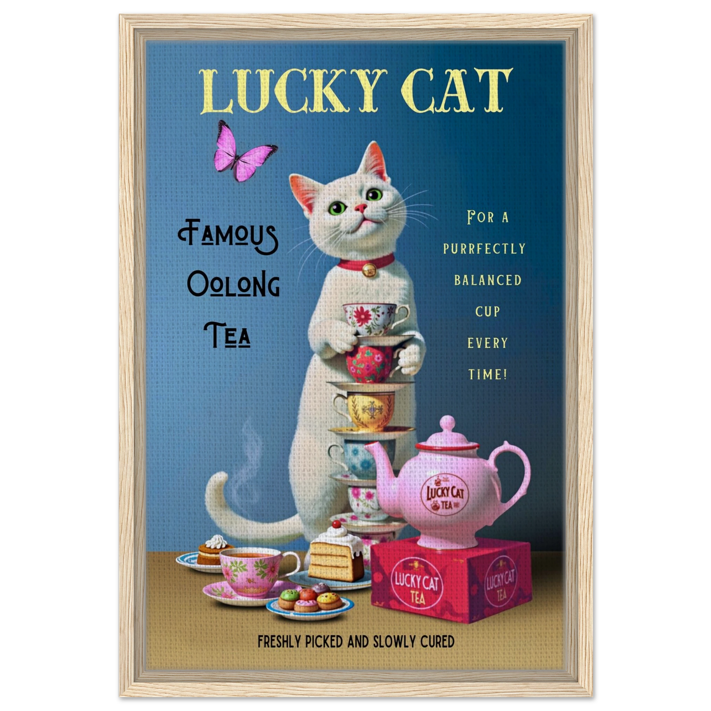 White Lucky Cat Tea Vintage Fine Art Print Light Wood Frame 40x60 cm 16x24″ Framed Canvas