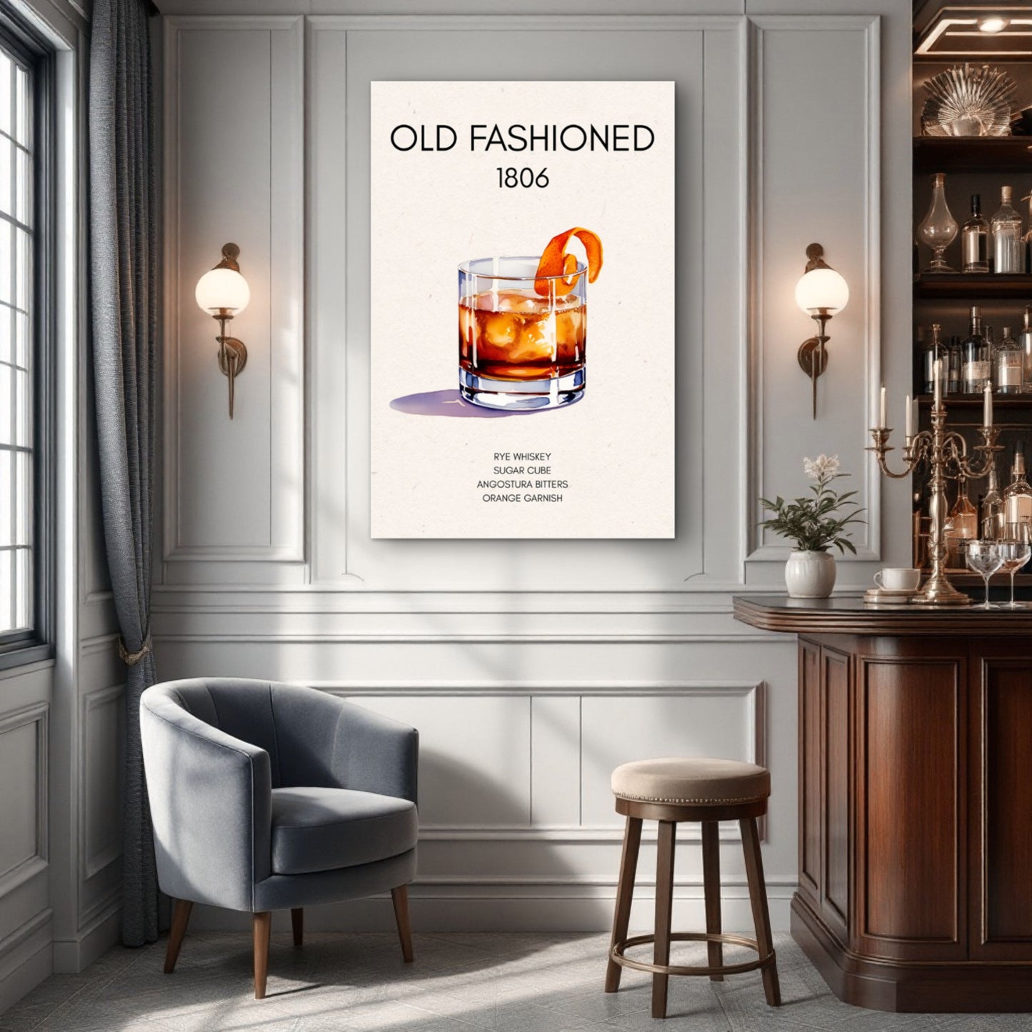 Classic Old Fashioned Cocktail Bar Poster Print Dark Brown Wood Frame 40x60 cm 16x24″ Framed Canvas