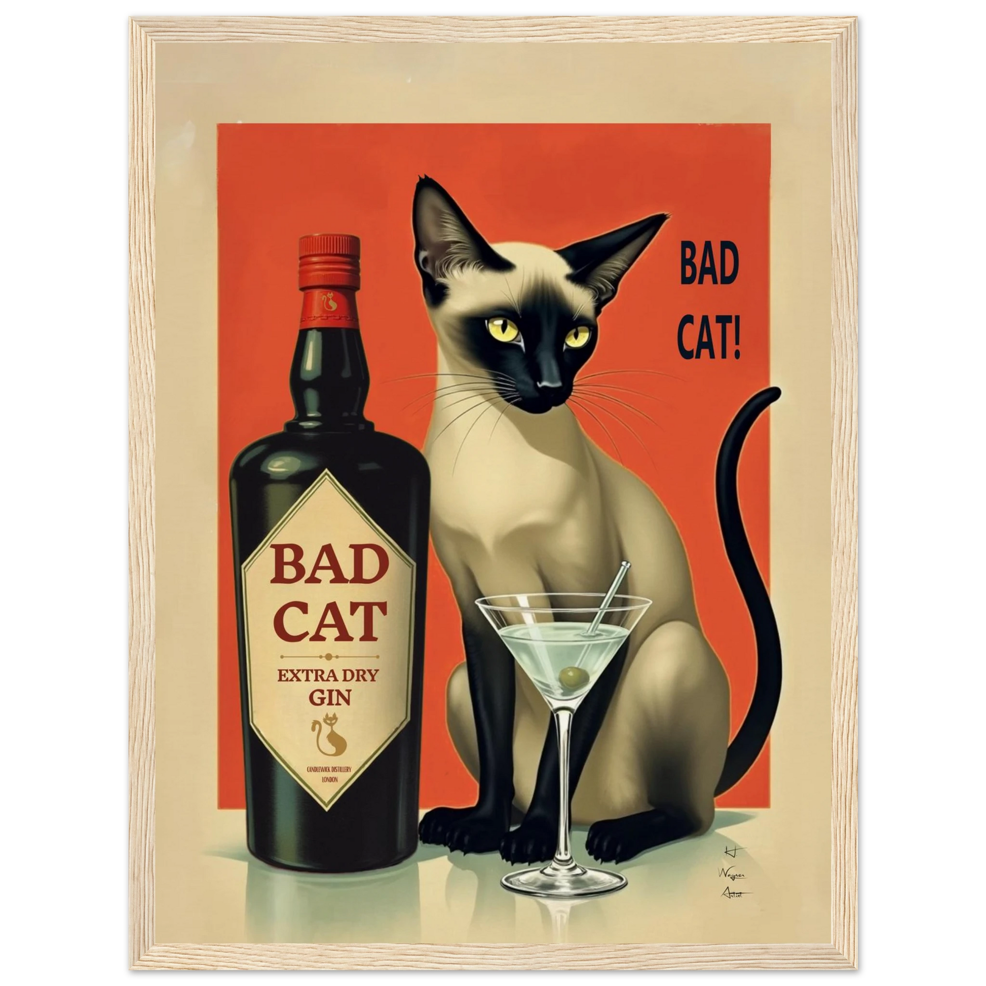 Siamese Cat Gin Martini Cocktail Art Print 30x40 cm 12x16″ Museum-Quality Matte Paper Wooden Framed Poster Light Wood Frame